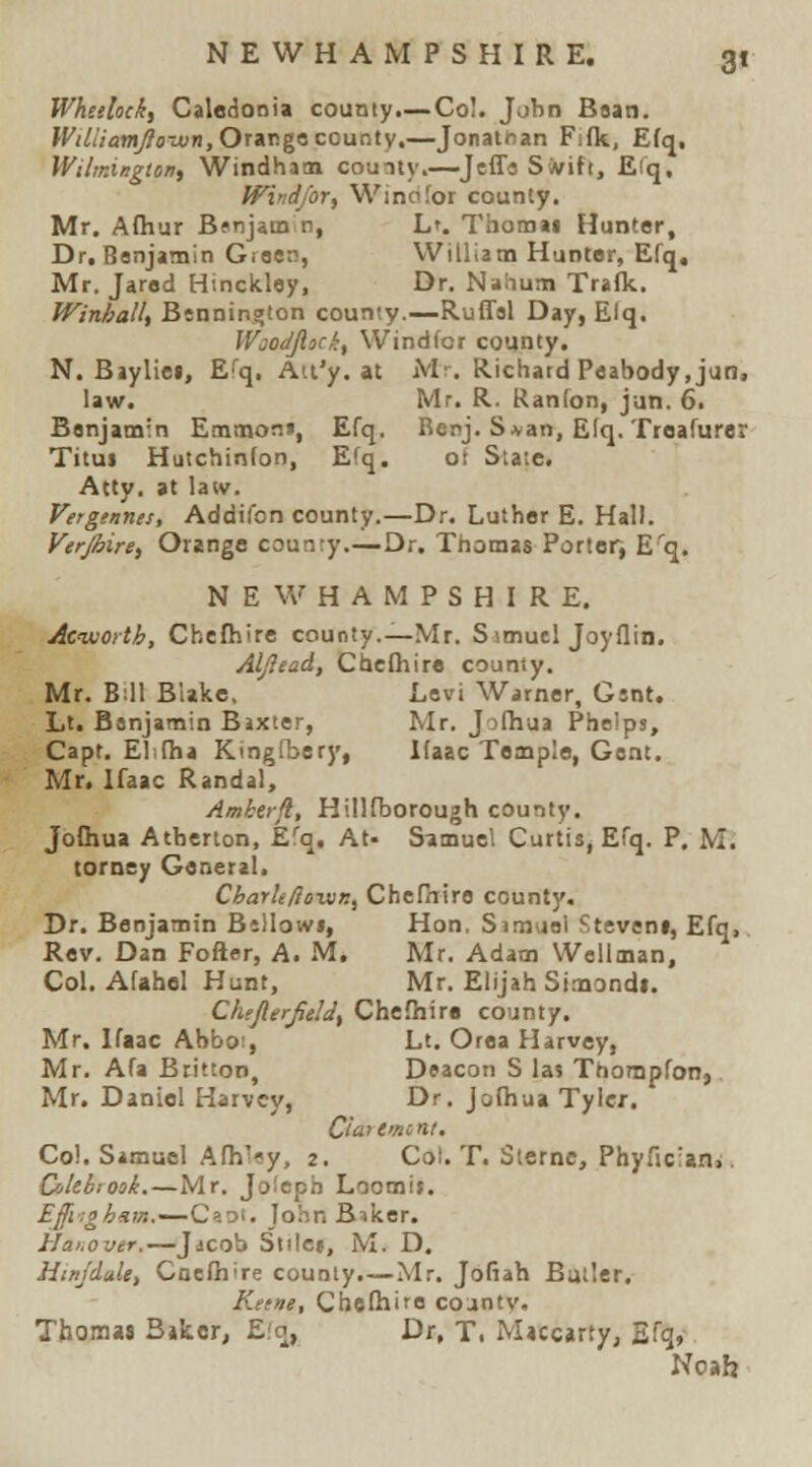 Wheelock, Caladooia county.— Co!, Jdbn Bean. ff'(//;'awi;?0Tun,OraT!ge county.—Jonathan Fiflt, E(q, Wthr.ington, Windhitn county.—Jeff« Swifi, Efq, (Find/or, Winolor county. Mr. Afliur Bonjam n, L'. Thomai Flunter, Dr.Benjamin Gioen, VVilllatn Hunter, Efq, Mr. Jarod Hinckley, Dr. Nahum Trafk. Winhall, Bennington county.—Ruffsl Day, Elq. WooJjlock, Windfor county. N. Bjyliet, E^q. Att'y. at Mr, Richard Peabody,jun, law. Mr. R. Ranfon, jun. 6. Benjamin EmmonJ, Efq. Berj. S*an, Elq. Treafurer Titui Hutchinfon, Efq. ot State. Atty, at law, Vetgtnnes, Addifon county.—Dr. Luther E. Hall. Verjhire, Orango coun;y.—Dr. Thomas Porter, E'q, NEWHAMPSHIRE. Acworth, Chefhire county.—Mr. Simucl Joyflia. Alftead, CUefliire county, Mr. Bill Blake. Levi Warner, Gsnt. Lt. Benjamin Baxter, Mr. Jofhua Phe)ps, Capt, El.fha Kingtbery, Itaac Temple, Gent, Mr. Ifaac Randal, Amhtrji, Hillfborough county, Jofliua Atherton, Efq, At- Samuel Curtis, Efq. P, M. torney General. Charli/lown, Chefiiire county. Dr. Benjamin BiUowi, Hon, Simaol Steveni, Efq, Rev. Dan Fofler, A. M. Mr. Adam Wellman, Col. Atahel Hunt, Mr. Elijah Simondi. Clifjlerjield, Chefhire county. Mr. Ifaac Abbo:, Lt. Orea Harvey, Mr. Afa Btitton, Deacon S las Ttiompfon, Mr. Daniel Harvey, Dr. jolhua Tyler. C'tattmint, Col. Samuel A(hl«y, 2. Coi. T. Sterne, Phyfician,. OJehiook.—Mr. Joieph Loomit. E§i'.ghHm.~-Q,>.o\, John Baker, Hai.over.—Jdcob Stilej, M. D. Hinjdale, Coefhire county.—Mr, Jofiah Butler, Keene, Chefhire coanty. Thomas Bjkcr, E;a, Di, T. Maccarty, Efq,' No»b