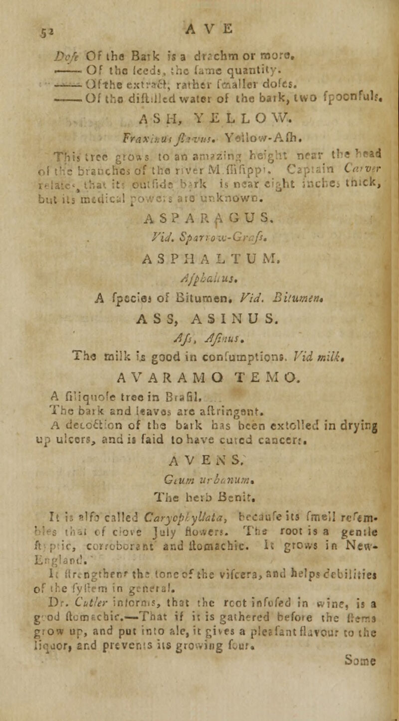 Deje Of (ha Baik is a drichm or moro, —— Of the lecds, ;ho lame quantity. —-^-^Ofthe extraff, rather foialler dofes. Of the diftilled water of the baik, two fpoonfulf. ASH, YELLOW. Fraxiiiuijii-vu!. YsUow-Afti. This trc« grofts to an am^zin!; height nfar the ^^cad r.l the branches of tho nVer M fliripp'. Cap'.sin Cmvfr i> late, that, it! oulfids bfrk is near ei^ht iacbei thick, but its mtdicil powcis ato unknown. ASPARAGUS. yU, Sparroxv-Grcft, ASPHALTU M. Aj^la.'., us, A fpsclas of Bitumen, A'/V. Biiumin, ASS, A S 1 N U S. ^/j, Jftnus. The milk ijs good in confumptiont. Vid milk, A V A R A M O T E M O. A fi'iqiiole tree in BtaGI, The bark and Itavas are aflringent. A detoflion of tha baik has been extolled in drying up ulcers, and ii faid to have cased cancer;, A V E N S, Gium U!-b!.num, The herb Benit, It is slfo called Carycpl.yllata, hfcaufe itj finel] rcTem- hlfs tlui cf ciove July fio«er!. Ttis root is a gentle ft-ptif, corroborant'and llomachtc. It grows in New- linglart.'. Ii itrcngthrn'th: loncofthe vifcera, and helps<?ebilitie» of ihe fyl!em in general. Dr. Cutler jntornis, that the rcot infofed In wine, is a g'od ftomtcbic—That if it is gathered before the l\tms giow up, and pat into ale, it gives a plesfant fUvour to the liqoorj and prever.is its growing four. S3;ne