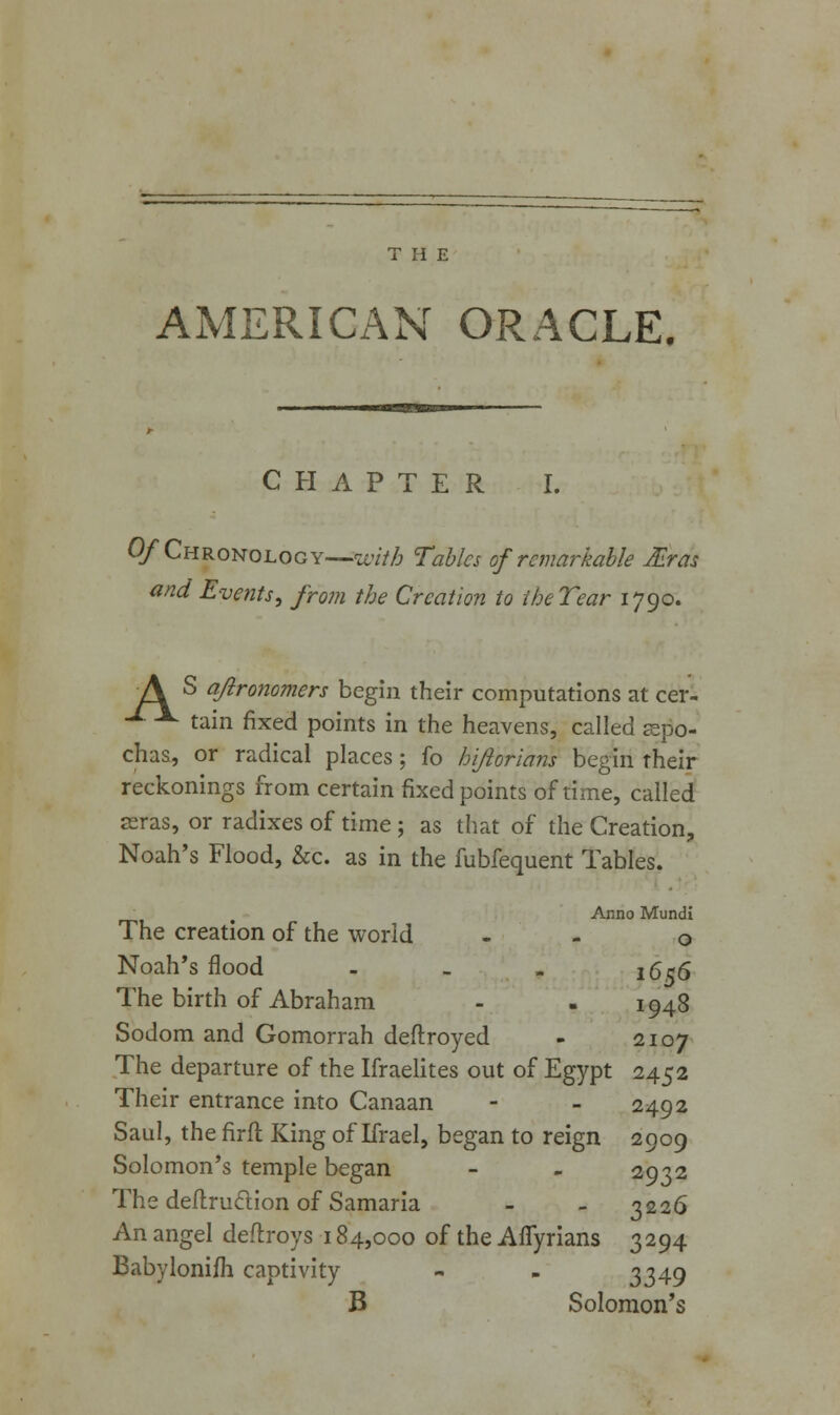 AMERICAN ORACLE. CHAPTER I. Of Chronology—ninth Tables of remarkable JEras and Events, from the Creation to the Tear 1790. TV S qftronomers begin their computations at cer- -1 -*- tain fixed points in the heavens, called sepo- chas, or radical places; fo hiftorians begin rheir reckonings from certain fixed points of time, called ssras, or radixes of time; as that of the Creation, Noah's Flood, &c. as in the fubfequent Tables. , Anno Mundi The creation of the world o Noah's flood - 1656 The birth of Abraham - . 1948 Sodom and Gomorrah deftroyed - 2107 The departure of the Ifraelites out of Egypt 2452 Their entrance into Canaan - - 2492 Saul, the firfl King of Ifrael, began to reign 2909 Solomon's temple began - - 2932 The deflruclion of Samaria - - 3226 An angel deftroys 184,000 of the AfTyrians 3294 Babylonifh captivity - - 3349 B Solomon's