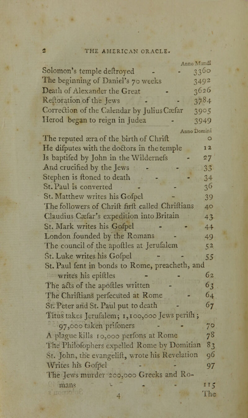 Anr.o M Solomon's temple deftroyed - - 3360 The beginning of Daniel's 70 weeks 3492 Death of Alexander the Great - 3626 Reftoration of the Jews - - 37^4 Correction of the Calendar by Julius Crcfar 3905 Herod began to reign in Judea - 3949 Anno Domini The reputed asra of the birth of Chrift o He difputes with the doctors in the temple 1* Is baptifed by John in the Wildernefs - 27 And crucified by the Jews - - 33 Stephen is ftoned to death - - 34 St. Paul is converted - 36 St. Matthew writes his Gofpel - 39 The followers of Chrifl firft called Chriftians 40 Claudius Cafar's expedition into Britain 43, St. Mark writes his Gofpel - - 44 London founded by the Romans - 49 The council of the apoftles at Jerufalem 52 St. Luke writes his Gofpel ~  55 St. Paul fent in bonds to Rome, preacheth, and writes his epiftles - - 62 The acts of the apoftles written - 63 The Chriftians perfecuted at Rome - 64 St. Peter arid St. Paul put to death - 67 Titus takes Jerufalem; 1,100,000 Jews perifh ; 97,000 taken prifoners . - 70 A plague kills 10,000 perfons at Rome 78 The Philofophers expelled Rome by Domitian 83 St. John, the evangelift, wrote his Revelation 96 Writes his Gofpel - - 97 The Jews murder'200,000 Greeks and Ro- man? - - - 115 4 The