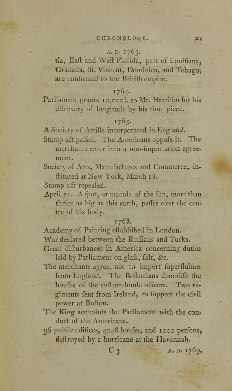 A. D. I763. tia, Eaft and Weft Florida, part of Lpuifiana> Granada, St. Vincent, Dominica, and Tobago, are confirmed to the Britiih empire. 1764. Parliament grants 10,0001. to Mr. Harrifon for his difcovery of longitude by his time piece. A Society of Artills incorporated in England. Stamp act pailed. The Americans oppofe it. The merchants enter into a non-importation agree- ment. Society of Arts, Manufactures and Commerce, in- ftituted at New York, March 18, Stamp act repealed. April 21. A fpot, or macula of the fun, more than thrice as big as this earth, panes over the cen- tre of his body. 1768. Academy of Painting eftablifhed in London. War declared between the Ruffians and Turks. Great difturbances in America concerning duties laid by Parliament on glafs, fait, &c. The merchants agree, not to import fuperfluities from England. The Boftonians demolifh the houfes of the cuftom-houfe officers. Two re- giments fent from Ireland, to fupport the civil power at Bollon. The King acquaints the Parliament with the con- duct of the Americans. <^6 public edifices, 4048 houfes, and 1000 perfons» deftroyed by a hurricane at the Havannah. C 3 a,d, 1769,