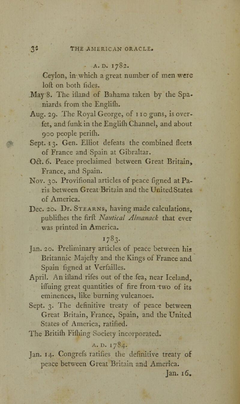 A. D. 1782. Ceylon, in-which a great number of men were loft on both fides. May 8. The iiland of Bahama taken by the Spa- niards from the Englifh. Aug. 29. The Royal George, of 110 guns, is over- fet, and funk in the Englifh Channel, and about 900 people perifh. Sept. 13. Gen. Elliot defeats the combined fleets of France and Spain at Gibraltar. Oct. 6. Peace proclaimed between Great Britain, France, and Spain. Nov. 30. Provifional articles of peace figned at Pa- ris between Great Britain and the UnitedStates of America. Dec. 20. Dr. Stearns, having made calculations, publifhes the firfl Nautical Almanack that ever was printed in America. 783. Jan. 20. Preliminary articles of peace between his Britannic Majefty and the Kings of France and Spain figned at Verfailles. April. An ifland rifes out of the fea, near Iceland, iffuing great quantities of fire from -two of its eminences, like burning vulcanoes. Sept. 3. The definitive treaty of peace between Great Britain, France, Spain, and the United States of America, ratified. The Britifh Fifhing Society incorporated. A. D. 1784. Jan. 14. Congrefs ratifies the definitive treaty of peace between Great Britain and America. Jan. 16,