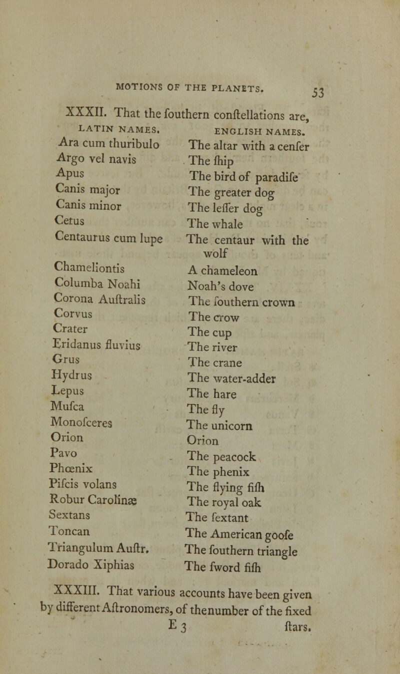 53 XXXII. That the LATIN NAMES. Ara cum thuribulo Argo vel navis Apus Canis major Canis minor Cetus Centaurus cum Iupe Chameliontis Columba Noahi Corona Auftralis Corvus Crater Eridanus fluvius Grus Hydrus Eepus Mufca Monofceres Orion Pavo Phoenix Pifcis volans Robur Carolina Sextans Toncan Triangulum Auflr. Dorado Xiphias fouthern conftellations are, ENGLISH NAMES. The altar with a cenfer The fhip The bird of paradife The greater dog The lefler dog The whale The centaur with the wolf A chameleon Noah's dove The fouthern crown The crow The cup The river The crane The water-adder The hare The fly The unicorn Orion The peacock The phenix The flying fifh The royal oak The fextant The American goofe The fouthern triangle The fword fifh XXXIII. That various accounts have been given by different Aftronomers, of thenumber of the fixed E 3 ftars.