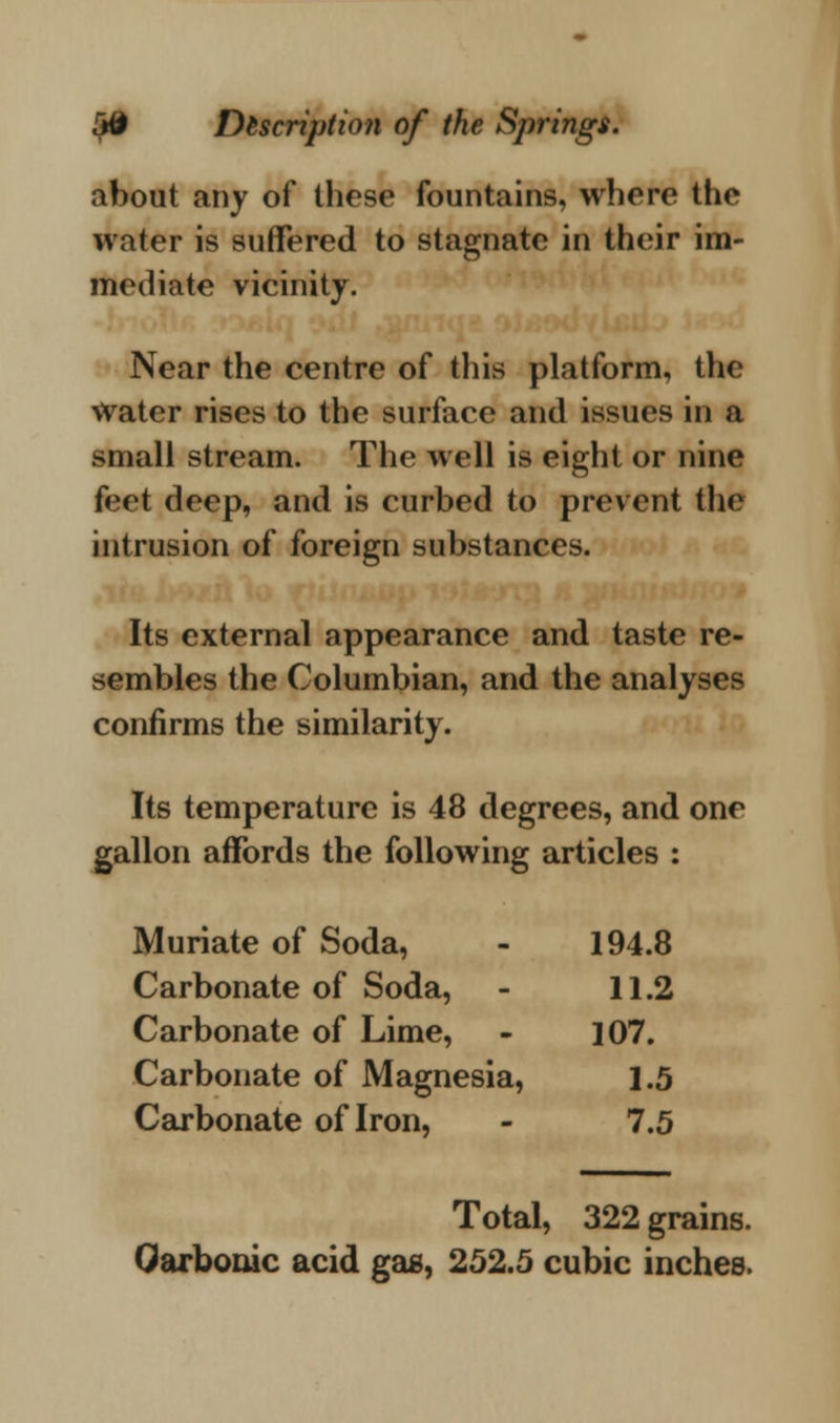 about any of these fountains, where the water is suffered to stagnate in their im- mediate vicinity. Near the centre of this platform, the water rises to the surface and issues in a small stream. The well is eight or nine feet deep, and is curbed to prevent the intrusion of foreign substances. Its external appearance and taste re- sembles the Columbian, and the analyses confirms the similarity. Its temperature is 48 degrees, and one gallon affords the following articles : Muriate of Soda, 194.8 Carbonate of Soda, 11.2 Carbonate of Lime, 107. Carbonate of Magnesia, 1.5 Carbonate of Iron, 7.5 Total, 322 grains. Carbonic acid gas, 252.5 cubic inches.