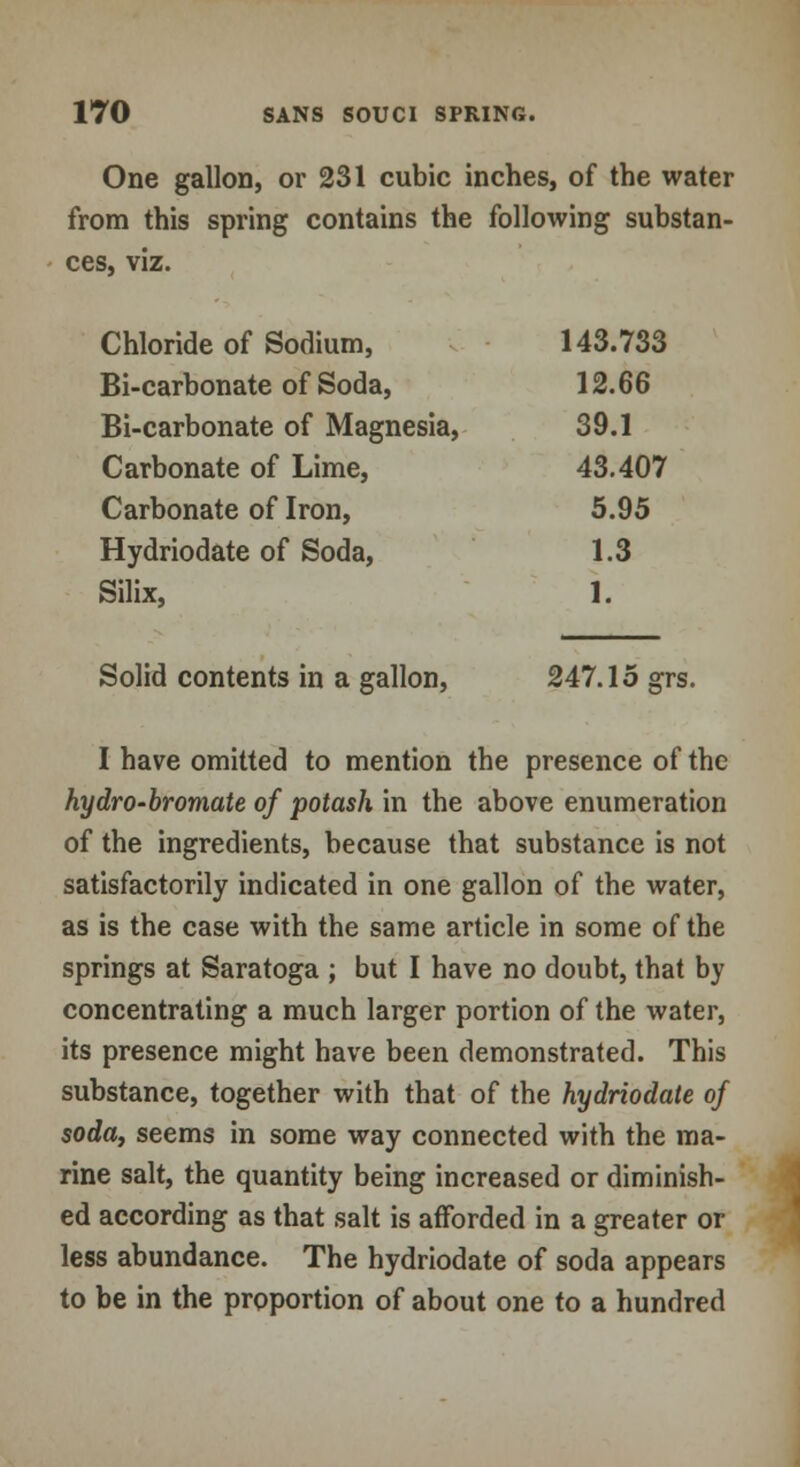 One gallon, or 231 cubic inches, of the water from this spring contains the following substan- ces, viz. Chloride of Sodium, 143.733 Bi-carbonate of Soda, 12.66 Bi-carbonate of Magnesia, 39.1 Carbonate of Lime, 43.407 Carbonate of Iron, 5.95 Hydriodate of Soda, 1.3 Silix, 1. Solid contents in a gallon, 247.15 grs. I have omitted to mention the presence of the hydro-bromate of potash in the above enumeration of the ingredients, because that substance is not satisfactorily indicated in one gallon of the water, as is the case with the same article in some of the springs at Saratoga ; but I have no doubt, that by concentrating a much larger portion of the water, its presence might have been demonstrated. This substance, together with that of the hydriodate of soda, seems in some way connected with the ma- rine salt, the quantity being increased or diminish- ed according as that salt is afforded in a greater or less abundance. The hydriodate of soda appears to be in the proportion of about one to a hundred