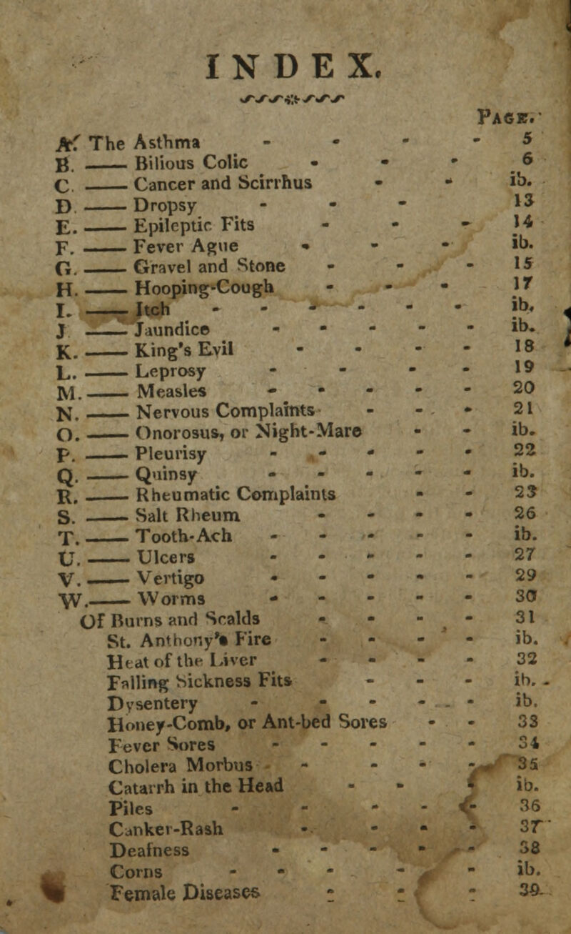 INDEX. Pagjp.- Af The Asthma - . - - 5 B. Bilious Colic - - - ^ C. Cancer and Scirrhus • ib* £) Dropsy - *3 E. Epileptic Fits - - - I*' F. —— Fever Ague • - - ib. G. Gravel and Stone - - - 15 H. Hooping-Cough - - 17 I. -Itch jb« J Jaundice ib. K. King's Evil - - - - 18 L. Leprosy - - JV1. Measles ----- 20 N. _— Nervous Complaints - - • 21 O. Onorosus, or Night-Mare - - ib. p. - Pleurisy ----- 22 Q. Quinsy ----- ib. R. Rheumatic Complaints - - 25 S. Salt Rheum 26 T. Tooth-Ach ib. U. Ulcers 27 V. Vertigo 29 \V. Worms 30 Of Burns and Scalds - - - - 31 St. Anthony's Fire ib. Heat of the Liver - - - - 32 Falling Sickness Fits - - - ih. - Dysentery - ,- - - - - ib. Honey-Comb, or Ant-bed Soves - - 33 Fever Sores - - - - - 34 Cholera Morbus - - v«r ?5 Catarrh in the Head - - - ib. Piles - - - - * 36 Canker-Rash - - - - 37* Deafness ----- 38 Corns ... ib. Female Diseases -_ Zf: 3Q-