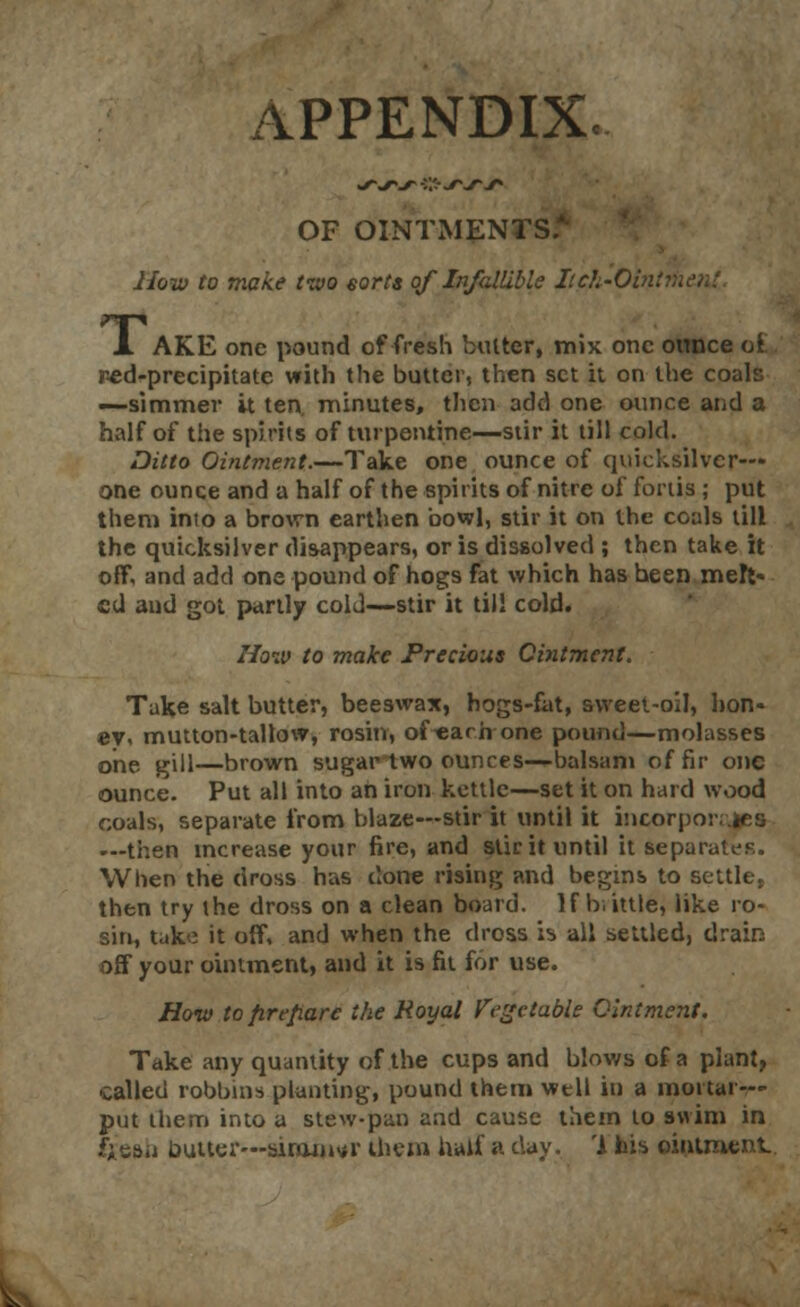 APPENDIX. OF OINTMENTS/ How to make two sorts of Infallible Itch-Oinl X AKE one pound of fresh butter, mix one ounce oi red-precipitate with the butter, then set it on the coals —simmer it ten minutes, then add one ounce and a half of the spirits of turpentine—stir it till cold. Ditto Ointment.—Take one ounce of quicksilver- one ounce and a half of the spirits of nitre of fortis ; put them into a brown earthen bowl, stir it on the coals till the quicksilver disappears, or is dissolved ; then take it off. and add one pound of hogs fat which has been melt* ed and got partly cold—stir it till cold. How to make Precious Ointment. Take salt butter, beeswax, hogs-kit, sweet-oil, hon- ey, mutton-tallow, rosin, of «arh one pound—molasses one gill—brown sugar two ounces—balsam of fir one ounce. Put all into ah iron kettle—set it on hard wood coals, separate from blaze—stir it until it incorpo: «r^- ---then increase your fire, and stir it until it separate. When the dross has done rising and begins to scttle5 then try the dross on a clean board. If brittle, like ro- sin, take it off, and when the dross is all settled, drain off your ointment, and it is fit for use. How tofirefiarc the Royal Vegetable Ointment. Take any quantity of the cups and blows of a plant, ■called robbing planting, pound them well in a mortar— put them into a stew-pan and cause them to swim in