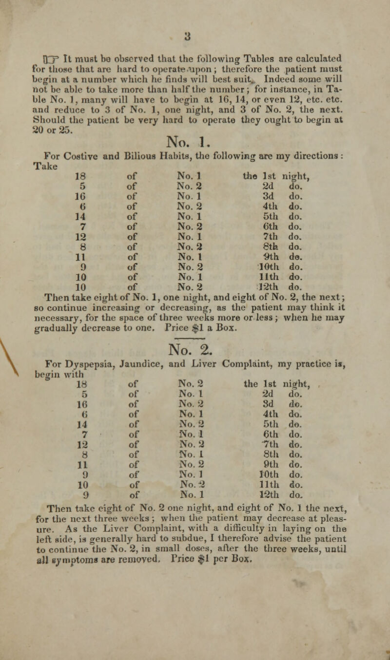 5 of 16 of 6 of 14 of 7 of 12 of 8 of 11 of 9 of 10 of 10 of 2d do. 3d do. 4th do. 5th do. 6th do. 7th do. 8th do. mh do. 10th do. 11th do. 12th do. \ 3 QCP It must bo observed that the following Tables are calculated for those that are hard to operate upon ; therefore the patient must begin at a number which he finds will best suit. Indeed some will not be able to take more than half the number; for instance, in Ta- ble No. 1, many will have to begin at 16, 14, or even 12, etc. etc. and reduce to 3 of No. 1, one night, and 3 of No. 2, the next. Should the patient be very hard to operate they ought to begin at 20 or 25. No. 1. For Costive and Bilious Habits, the following are my directions : Take No. 2 No. 1 No. 2 No. 1 No. 2 No. 1 No. 2 No. I No. 2 No. 1 No. 2 Then take eight of No. 1, one night, and eight of No. 2, the next; so continue increasing or decreasing, as the patient may think it necessary, for the space of three weeks more orless; when he may gradually decrease to one. Price $1 a Box. No7~2. For Dyspepsia, Jaundice, and Liver Complaint, my practice is, begin with No. 2 No. I No. 2 No. 1 No. 2 No. 1 No. 2 No. 1 No. 2 No. 1 No. 2 Then take eight of No. 2 one night, and eight of No. 1 the next, for the next three weeks; when the patient may decrease at pleas- ure. As the Liver Complaint, with a difficulty in laying on the left side, is generally hard to subdue, I therefore advise the patient to continue the No. 2, in small doses, after the three weeks, until all ay mptoms are removed. Price $ 1 per Box. 18 of 5 of 16 of 6 of 14 of 7 of 12 of 8 of 11 of 9 of 10 of the 1st night, 2d do. 3d do. 4th do. 5th do. 6th do. •7th do. 8th do. 9th do. 10th do. 11th do.