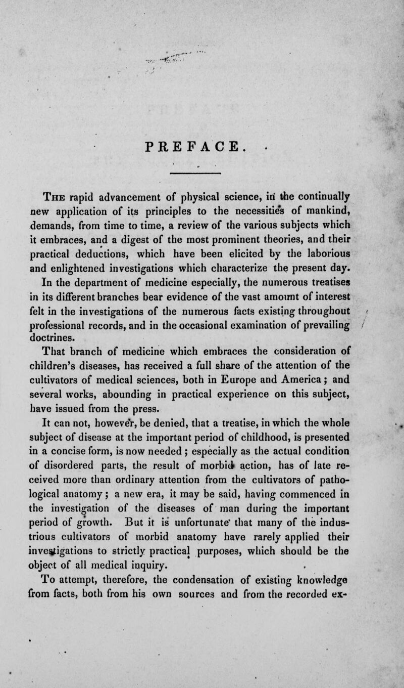 The rapid advancement of physical science, in the continually new application of its principles to the necessitie's of mankind, demands, from time to time, a review of the various subjects which it embraces, and a digest of the most prominent theories, and their practical deductions, which have been elicited by the laborious and enlightened investigations which characterize the present day. In the department of medicine especially, the numerous treatises in its different branches bear evidence of the vast amount of interest felt in the investigations of the numerous facts existing throughout professional records, and in the occasional examination of prevailing doctrines. That branch of medicine which embraces the consideration of children's diseases, has received a full share of the attention of the cultivators of medical sciences, both in Europe and America; and several works, abounding in practical experience on this subject, have issued from the press. It can not, howeve'r, be denied, that a treatise, in which the whole subject of disease at the important period of childhood, is presented in a concise form, is now needed ; especially as the actual condition of disordered parts, the result of morbid action, has of late re- ceived more than ordinary attention from the cultivators of patho- logical anatomy; a new era, it may be said, having commenced in the investigation of the diseases of man during the important period of growth. But it is unfortunate' that many of the indus- trious cultivators of morbid anatomy have rarely applied their investigations to strictly practical purposes, which should be the object of all medical inquiry. To attempt, therefore, the condensation of existing knowledge from facts, both from his own sources and from the recorded ex-