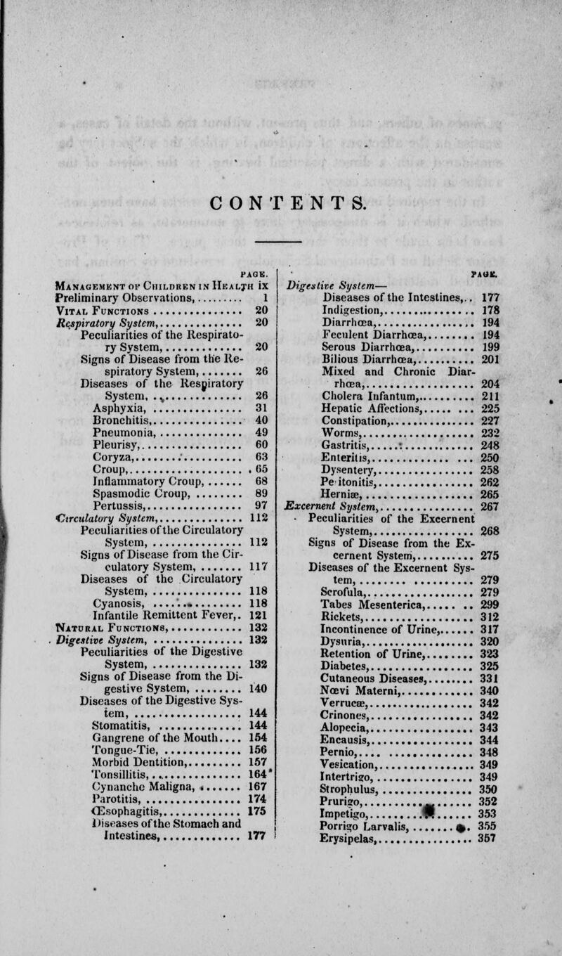 CONTENTS. PAGE. Management ok Children in Health ix Preliminary Observations, 1 Vital Functions 20 Respiratory System, 20 Peculiarities of the Respirato- ry System, 20 Signs of Disease from the Re- spiratory System, 26 Diseases of the Respiratory System, . % 26 Asphyxia 31 Bronchitis 40 Pneumonia, 49 Pleurisy, 60 Coryza, : 63 Croup, 65 Inflammatory Croup, 68 Spasmodic Croup 89 Pertussis 97 'Circulatory System, 112 Peculiarities of the Circulatory System 112 Signs of Disease from the Cir- culatory System, 117 Diseases of the Circulatory System, 118 Cyanosis, ....'..• 118 Infantile Remittent Fever,. 121 Natural Functions, 132 Digestive System, 132 Peculiarities of the Digestive System, 132 Signs of Disease from the Di- gestive System, 140 Diseases of the Digestive Sys- tem, 144 Stomatitis, 144 Gangrene of the Mouth.... 154 Tongue-Tie, 156 Morbid Dentition, 157 Tonsillitis, 164' Cynanche Maligna, 167 Parotitis, 174 Oesophagitis, 175 Diseases of the Stomach and Intestines 177 TAOE. Digestive System— Diseases of the Intestines,.. 177 Indigestion, 178 Diarrhoea, ,. 194 Feculent Diarrhoea, 194 Serous Diarrhoea, 199 Bilious Diarrhoea, 201 Mixed and Chronic Diar- rhoea, 204 Cholera Infantum, 211 Hepatic Affections, 225 Constipation, 227 Worms, 232 Gastritis, : 248 Enteritis, 250 Dysentery, 258 Pe itonitis, 262 Hernia;, 265 Excernent Sys/em, 267 Peculiarities of the Excernent System, 268 Signs of Disease from the Ex- cernent System, 275 Diseases of the Excernent Sys- tem, 279 Scrofula, 279 Tabes Mesenterica, 299 Rickets, 312 Incontinence of Urine, 317 Dysuria, 320 Retention of Urine, 323 Diabetes, 325 Cutaneous Diseases, 331 Noevi Materni, 340 Verrucae, 342 Crinones, 342 Alopecia, 343 Encausis, 344 Pernio, 348 Vesication, 349 Intertrigo, 349 Strophulus, 350 Prurigo, M 352 Impetigo, W. 353 Porrigo Larvalis, %. 355 Erysipelas, 357