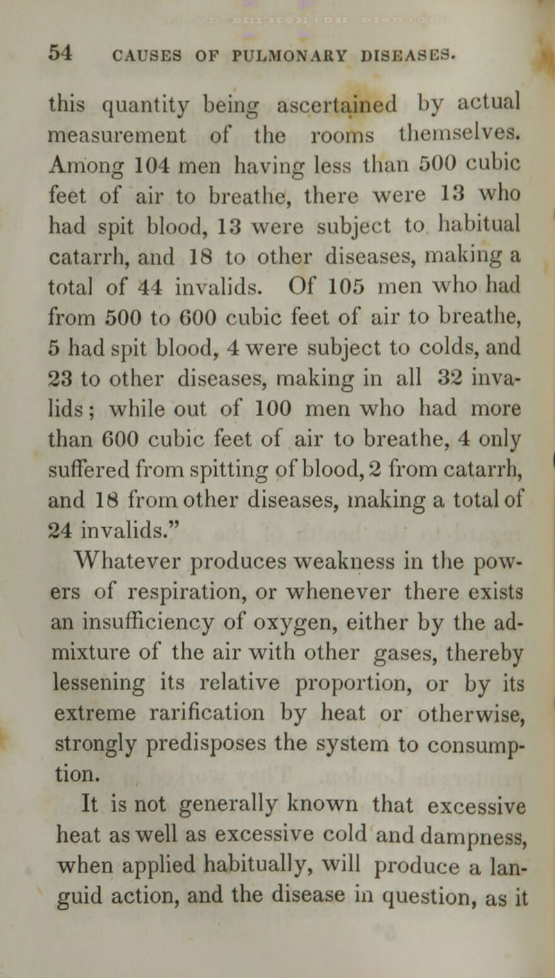 this quantity being ascertained by actual measurement of the rooms themselves. Among 104 men having less than 500 cubic feet of air to breathe, there were 13 who had spit blood, 13 were subject to habitual catarrh, and 18 to other diseases, making a total of 44 invalids. Of 105 men who had from 500 to 600 cubic feet of air to breathe, 5 had spit blood, 4 were subject to colds, and 23 to other diseases, making in all 32 inva- lids ; while out of 100 men who had more than 600 cubic feet of air to breathe, 4 only suffered from spitting of blood, 2 from catarrh, and 18 from other diseases, making a total of 24 invalids. Whatever produces weakness in the pow- ers of respiration, or whenever there exists an insufficiency of oxygen, either by the ad- mixture of the air with other gases, thereby lessening its relative proportion, or by its extreme rarification by heat or otherwise, strongly predisposes the system to consump- tion. It is not generally known that excessive heat as well as excessive cold and dampness, when applied habitually, will produce a lan- guid action, and the disease in question, as it