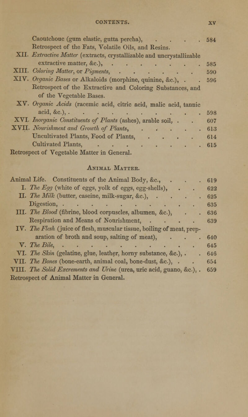 Caoutchouc (gum elastic, gutta percha), .... 584 Retrospect of the Fats, Volatile Oils, and Resins. XII. Extractive Matter (extracts, crystallizable and uncrystallizable extractive matter, &c), 585 XIII. Coloring Matter, or Pigments, 590 XIV. Organic Bases or Alkaloids (morphine, quinine, &c), . . 596 Retrospect of the Extractive and Coloring Substances, and of the Vegetable Bases. XV. Organic Acids (racemic acid, citric acid, malic acid, tannic acid, &c), 598 XVI. Inorganic Constituents of Plants (ashes), arable soil, . . 607 XVII. Nourishment and Growth of Plants, 613 Uncultivated Plants, Food of Plants, . . . . 614 Cultivated Plants, 615 Retrospect of Vegetable Matter in General. Animal Matteb. Animal Life. Constituents of the Animal Body, &c, . . . 619 I. The Egg (white of eggs, yolk of eggs, egg-shells), . . 622 II. The Milk (butter, caseine, milk-sugar, &c), .... 625 Digestion, 635 III. The Blood (fibrine, blood corpuscles, albumen, &c), . . 636 Respiration and Means of Nourishment, .... 639 IV. The Flesh (juice of flesh, muscular tissue, boiling of meat, prep- aration of broth and soup, salting of meat), . . . 640 V. The Bile, 645 VI. The Skin (gelatine, glue, leather, horny substance, &c.), . . 646 VII. The Bones (bone-earth, animal coal, bone-dust, &c), . . 654 VIII. 77<e Solid Excrements and Urine (urea, uric acid, guano, &c), . 659 Retrospect of Animal Matter in General.