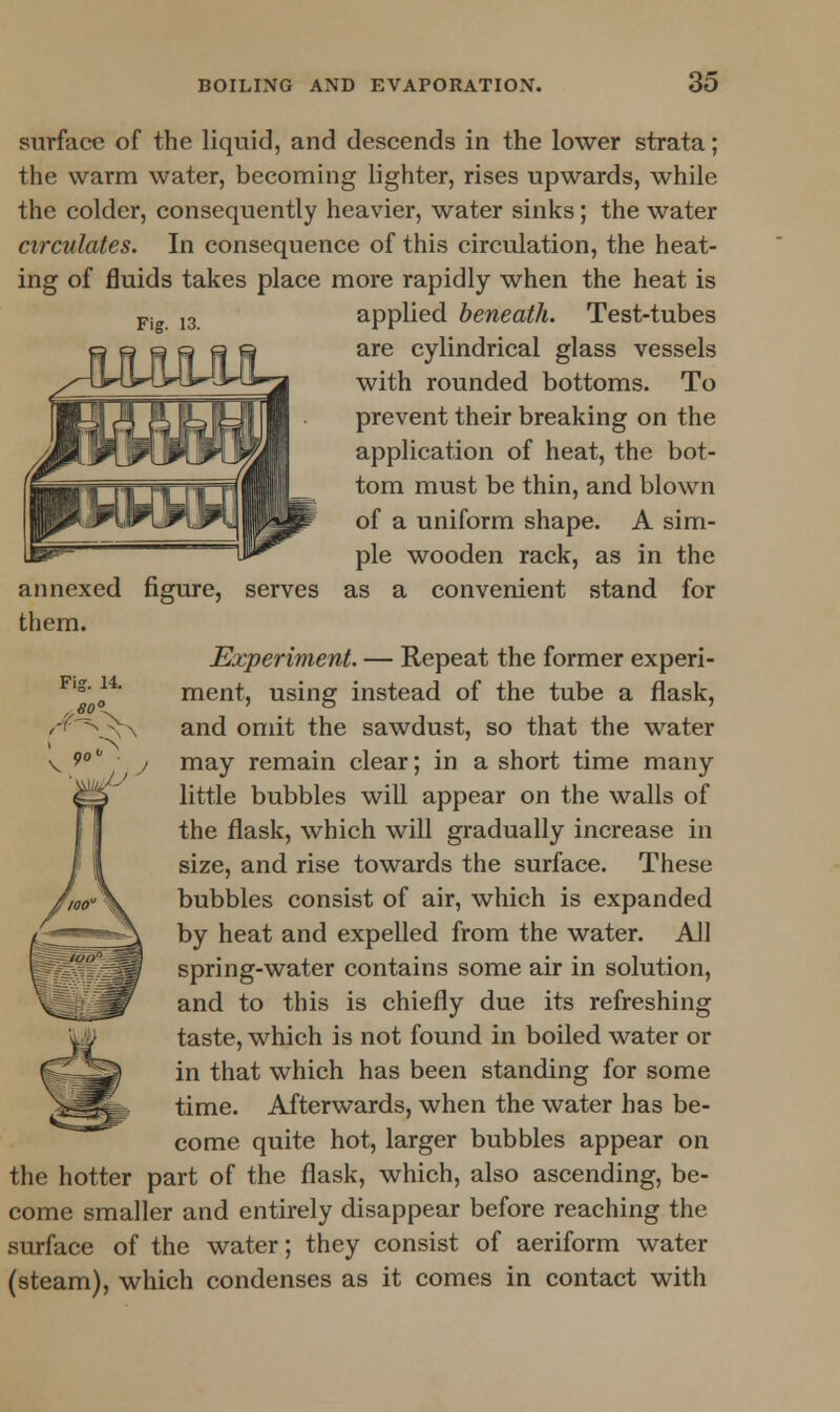 surface of the liquid, and descends in the lower strata; the warm water, becoming lighter, rises upwards, while the colder, consequently heavier, water sinks; the water circulates. In consequence of this circulation, the heat- ing of fluids takes place more rapidly when the heat is applied beneath. Test-tubes are cylindrical glass vessels with rounded bottoms. To prevent their breaking on the application of heat, the bot- tom must be thin, and blown of a uniform shape. A sim- ple wooden rack, as in the as a convenient stand for annexed figure, them. serves Experiment. — Repeat the former experi- ment, using instead of the tube a flask, and omit the sawdust, so that the water may remain clear; in a short time many little bubbles will appear on the walls of the flask, which will gradually increase in size, and rise towards the surface. These bubbles consist of air, which is expanded by heat and expelled from the water. All spring-water contains some air in solution, and to this is chiefly due its refreshing taste, which is not found in boiled water or in that which has been standing for some time. Afterwards, when the water has be- come quite hot, larger bubbles appear on the hotter part of the flask, which, also ascending, be- come smaller and entirely disappear before reaching the surface of the water; they consist of aeriform water (steam), which condenses as it comes in contact with