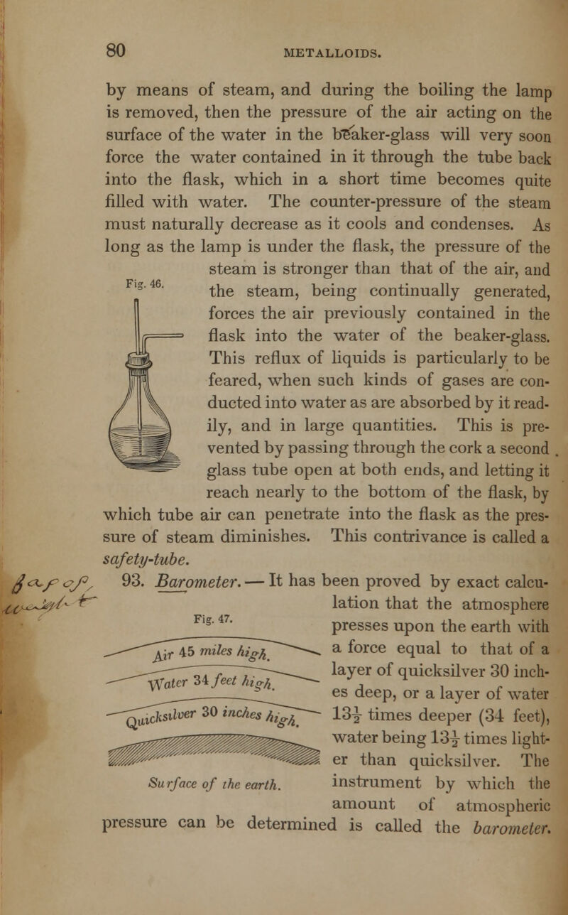 Fi. 46. by means of steam, and during the boiling the lamp is removed, then the pressure of the air acting on the surface of the water in the beaker-glass will very soon force the water contained in it through the tube back into the flask, which in a short time becomes quite filled with water. The counter-pressure of the steam must naturally decrease as it cools and condenses. As long as the lamp is under the flask, the pressure of the steam is stronger than that of the air, and the steam, being continually generated, forces the air previously contained in the flask into the water of the beaker-glass. This reflux of liquids is particularly to be feared, when such kinds of gases are con- ducted into water as are absorbed by it read- ily, and in large quantities. This is pre- vented by passing through the cork a second , glass tube open at both ends, and letting it reach nearly to the bottom of the flask, by which tube air can penetrate into the flask as the pres- sure of steam diminishes. This contrivance is called a safety-tube. 93. Barometer. — It has been proved by exact calcu- lation that the atmosphere presses upon the earth with a force equal to that of a layer of quicksilver 30 inch- es deep, or a layer of water 13y times deeper (34 feet), water being 13^ times light- Hi er than quicksilver. The instrument by which the amount of atmospheric Fig. 47. A;r 45 miles high \\Tater Mfeet /ng/t -^35^730 inches hiffA> Surface of the earth. pressure can be determined is called the barometer.