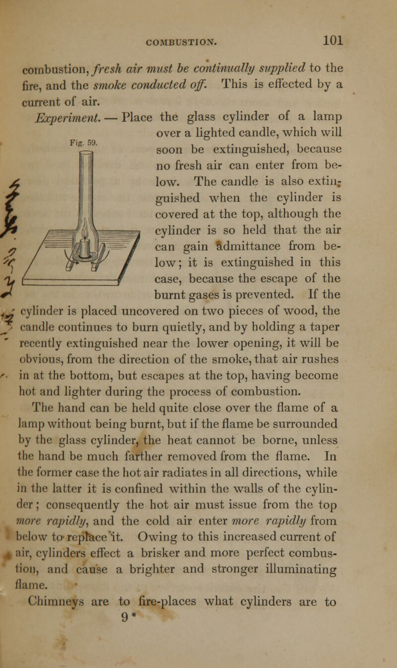 Fig. 59. '* combustion, fresh air must be continually supplied to the fire, and the smoke conducted off. This is effected by a current of air. Experiment. — Place the glass cylinder of a lamp over a lighted candle, which will soon be extinguished, because no fresh air can enter from be- low. The candle is also extin- guished when the cylinder is covered at the top, although the cylinder is so held that the air can gain admittance from be- low; it is extinguished in this 1/ £ case, because the escape of the ** burnt gases is prevented. If the cylinder is placed uncovered on two pieces of wood, the candle continues to burn quietly, and by holding a taper recently extinguished near the lower opening, it will be obvious, from the direction of the smoke, that air rushes •• in at the bottom, but escapes at the top, having become hot and lighter during the process of combustion. The hand can be held quite close over the flame of a lamp without being burnt, but if the flame be surrounded by the glass cylinder, the heat cannot be borne, unless the hand be much farther removed from the flame. In the former case the hot air radiates in all directions, while in the latter it is confined within the walls of the cylin- der ; consequently the hot air must issue from the top more rapidly, and the cold air enter more rapidly from below to replace it. Owing to this increased current of air, cylinders effect a brisker and more perfect combus- tion, and cause a brighter and stronger illuminating flame. Chimneys are to fire-places what cylinders are to 9*