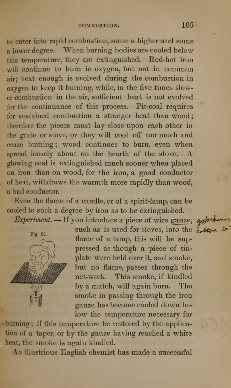 to enter into rapid combustion, some a higher and some a lower degree. When burning bodies are cooled below this temperature, they are extinguished. Red-hot iron will continue to burn in oxygen, but not in common air; heat enough is evolved during the combustion in oxygen to keep it burning, while, in the five times slow- er combustion in the air, sufficient heat is not evolved for the continuance of this process. Pit-coal requires for sustained combustion a stronger heat than wood; therefore the pieces must lay close upon each other in the grate or stove, or they will cool off too much and cease burning; wood continues to burn, even when spread loosely about on the hearth of the stove. A glowing coal is extinguished much sooner when placed on iron than on wood, for the iron, a good conductor of heat, withdraws the warmth more rapidly than wood, a bad conductor. Even the flame of a candle, or of a spirit-lamp, can be cooled to such a degree by iron as to be extinguished. Experiment. — If you introduce a piece of wire gauze, ty^n**^^ such as is used for sieves, into the «^tr*\ && flame of a lamp, this will be sup- pressed as though a piece of tin- plate were held over it, and smoke, but no flame, passes through the net-work. This smoke, if kindled by a match, will again burn. The smoke in passing through the iron gauze has become cooled down be- low the temperature necessary for burning; if this temperature be restored by the applica- tion of a taper, or by the gauze having reached a white heat, the smoke is again kindled. An illustrious English chemist has made a successful