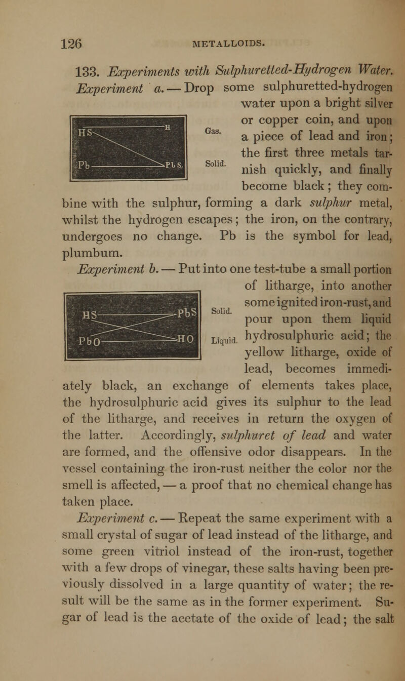 Gas. Solid. 133. Experiments with Sulphuretted-Hydrogen Water. Experiment a. — Drop some sulphuretted-hydrogen water upon a bright silver or copper coin, and upon a piece of lead and iron; the first three metals tar- nish quickly, and finally become black ; they com- bine with the sulphur, forming a dark sulphur metal, whilst the hydrogen escapes ; the iron, on the contrary, undergoes no change. Pb is the symbol for lead, plumbum. Experiment b. — Put into one test-tube a small portion of litharge, into another some ignited iron-rust, and pour upon them liquid hydrosulphuric acid; the yellow litharge, oxide of lead, becomes immedi- ately black, an exchange of elements takes place, the hydrosulphuric acid gives its sulphur to the lead of the litharge, and receives in return the oxygen of the latter. Accordingly, sulpha/ret of lead and water are formed, and the offensive odor disappears. In the vessel containing the iron-rust neither the color nor the smell is affected, — a proof that no chemical change has taken place. Experiment c. — Repeat the same experiment with a small crystal of sugar of lead instead of the litharge, and some green vitriol instead of the iron-rust, together with a few drops of vinegar, these salts having been pre- viously dissolved in a large quantity of water; there- suit will be the same as in the former experiment. Su- gar of lead is the acetate of the oxide of lead; the salt Solid. Liquid.