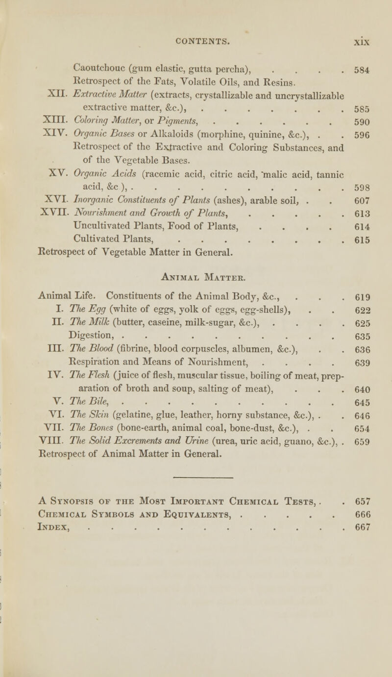 Caoutchouc (gum elastic, gutta percha), .... 584 Retrospect of the Fats, Volatile Oils, and Resins. XII. Extractive Matter (extracts, crystallizable and uncrystallizable extractive matter, &c), 585 XIII. Coloring Matter, or Pigments, 590 XIV. Organic Bases or Alkaloids (morphine, quinine, &c), . . 596 Retrospect of the Extractive and Coloring Substances, and of the Vegetable Bases. XV. Organic Acids (racemic acid, citric acid, malic acid, tannic acid, &c ), 598 XVI. Inorganic Constituents of Plants (ashes), arable soil, . . 607 XVII. Nourishment and Growth of Plants, 613 Uncultivated Plants, Food of Plants, .... 614 Cultivated Plants, 615 Retrospect of Vegetable Matter in General. Animal Matter. Animal Life. Constituents of the Animal Body, &c., . . .619 I. Tlie Egg (white of eggs, yolk of eggs, egg-shells), . . 622 II. The Milk (butter, caseine, milk-sugar, &c), .... 625 Digestion, 635 III. The Blood (fibrine, blood corpuscles, albumen, &c), . . 636 Respiration and Means of Nourishment, .... 639 IV. The Flesh (juice of flesh, muscular tissue, boiling of meat, prep- aration of broth and soup, salting of meat), . . . 640 V. The Bile, 645 VI. The Skin (gelatine, glue, leather, horny substance, &c), . . 646 VTI. 77ie Bones (bone-earth, animal coal, bone-dust, &c), . . 654 VIII. Tlie Solid Excrements and Urine (urea, uric acid, guano, &c), . 659 Retrospect of Animal Matter in General. A Synopsis of the Most Important Chemical Tests, . . 657 Chemical Symbols and Equivalents, 666 Index, 667