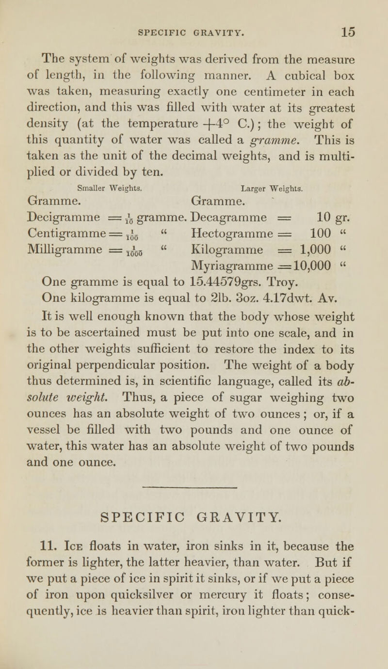 The system of weights was derived from the measure of length, in the following manner. A cubical box was taken, measuring exactly one centimeter in each direction, and this was filled with water at its greatest density (at the temperature -f-4° C.); the weight of this quantity of water was called a gramme. This is taken as the unit of the decimal weights, and is multi- plied or divided by ten. Smaller Weights. Larger Weights. Gramme. Gramme. Decigramme = Ja gramme. Decagramme = 10 gr. Centigramme = I00  Hectogramme = 100  Milligramme = ^m  Kilogramme = 1,000  Myriagramme =10,000  One gramme is equal to 15.44579grs. Troy. One kilogramme is equal to 21b. 3oz. 4.17dwt. Av. It is well enough known that the body whose weight is to be ascertained must be put into one scale, and in the other weights sufficient to restore the index to its original perpendicular position. The weight of a body thus determined is, in scientific language, called its ab- solute weight. Thus, a piece of sugar weighing two ounces has an absolute weight of two ounces; or, if a vessel be filled with two pounds and one ounce of water, this water has an absolute weight of two pounds and one ounce. SPECIFIC GRAVITY. 11. Ice floats in water, iron sinks in it, because the former is lighter, the latter heavier, than water. But if we put a piece of ice in spirit it sinks, or if we put a piece of iron upon quicksilver or mercury it floats; conse- quently, ice is heavier than spirit, iron lighter than quick-