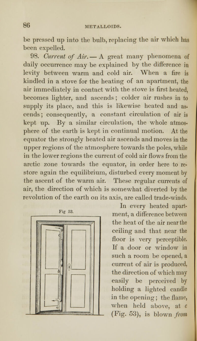 be pressed up into the bulb, replacing the air which has been expelled. 98. Current of Air.— A great many phenomena of daily occurrence may be explained by the difference in levity between warm and cold air. When a fire is kindled in a stove for the heating of an apartment, the air immediately in contact with the stove is first heated, becomes lighter, and ascends ; colder air rushes in to supply its place, and this is likewise heated and as- cends; consequently, a constant circulation of air is kept up. By a similar circulation, the whole atmos- phere of the earth is kept in continual motion. At the equator the strongly heated air ascends and moves in the upper regions of the atmosphere towards the poles, while in the lower regions the current of cold air flows from the arctic zone towards the equator, in order here to re- store again the equilibrium, disturbed every moment by the ascent of the warm air. These regular currents of air, the direction of which is somewhat diverted by the revolution of the earth on its axis, are called trade-winds. In every heated apart- ment, a difference between the heat of the air near the ceiling and that near the floor is very perceptible. If a door or window in such a room be opened, a current of air is produced, the direction of which may easily be perceived by holding a lighted candle in the opening; the flame, when held above, at c (Fig. 53), is blown from