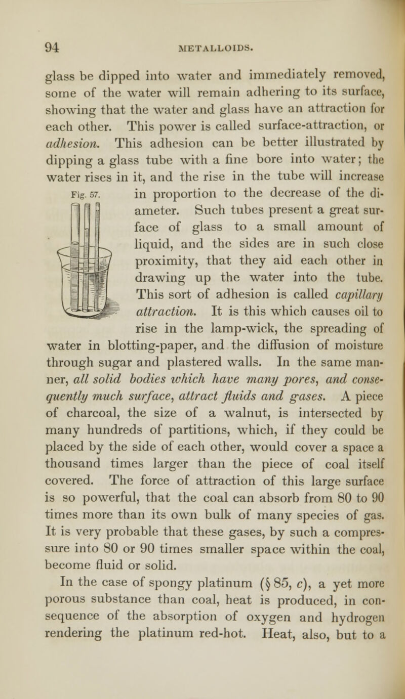 glass be dipped into water and immediately removed, some of the water will remain adhering to its surface, showing that the water and glass have an attraction for each other. This power is called surface-attraction, or adhesion. This adhesion can be better illustrated by dipping a glass tube with a fine bore into water; the water rises in it, and the rise in the tube will increase Fig. 57. in proportion to the decrease of the di- ameter. Such tubes present a great sur- face of glass to a small amount of liquid, and the sides are in such close proximity, that they aid each other in drawing up the water into the tube. This sort of adhesion is called capillary attraction. It is this which causes oil to rise in the lamp-wick, the spreading of water in blotting-paper, and the diffusion of moisture through sugar and plastered walls. In the same man- ner, all solid bodies which have many pores, and conse- quently much surface, attract fluids and gases. A piece of charcoal, the size of a walnut, is intersected by many hundreds of partitions, which, if they could be placed by the side of each other, would cover a space a thousand times larger than the piece of coal itself covered. The force of attraction of this large surface is so powerful, that the coal can absorb from 80 to 90 times more than its own bulk of many species of gas. It is very probable that these gases, by such a compres- sure into 80 or 90 times smaller space within the coal, become fluid or solid. In the case of spongy platinum (§ 85, c), a yet more porous substance than coal, heat is produced, in con- sequence of the absorption of oxygen and hydrogen rendering the platinum red-hot. Heat, also, but to a