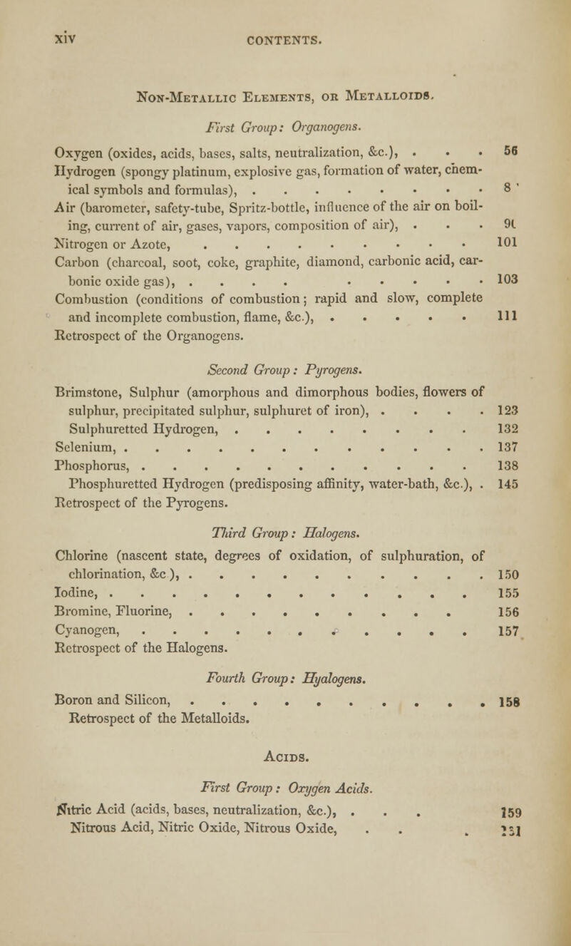 Non-Metallic Elements, or Metalloids. first Group: Organogens. Oxygen (oxides, acids, bases, salts, neutralization, &c.), ... 56 Hydrogen (spongy platinum, explosive gas, formation of water, chem- ical symbols and formulas), 8 ' Air (barometer, safety-tube, Spritz-bottle, influence of the air on boil- ing, current of air, gases, vapors, composition of air), ... 91 Nitrogen or Azote, 101 Carbon (charcoal, soot, coke, graphite, diamond, carbonic acid, car- bonic oxide gas), .... 103 Combustion (conditions of combustion; rapid and slow, complete and incomplete combustion, flame, &c), Ill Retrospect of the Organogens. Second Group: Pyrogens. Brimstone, Sulphur (amorphous and dimorphous bodies, flowers of sulphur, precipitated sulphur, sulphuret of iron), . . . .123 Sulphuretted Hydrogen, 132 Selenium, 137 Phosphorus, 138 Phosphurettcd Hydrogen (predisposing affinity, water-bath, &c), . 145 Retrospect of the Pyrogens. Tldrd Group: Halogens. Chlorine (nascent state, degrees of oxidation, of sulphuration, of chlorination, &c ), 150 Iodine 155 Bromine, Fluorine, 156 Cyanogen, 157 Retrospect of the Halogens. Fourth Group: Hyalogens. Boron and Silicon, ]5g Retrospect of the Metalloids. Acids. First Group: Oxygen Acids. Citric Acid (acids, bases, neutralization, &c.), . . . I59 Nitrous Acid, Nitric Oxide, Nitrous Oxide, . . . JSI