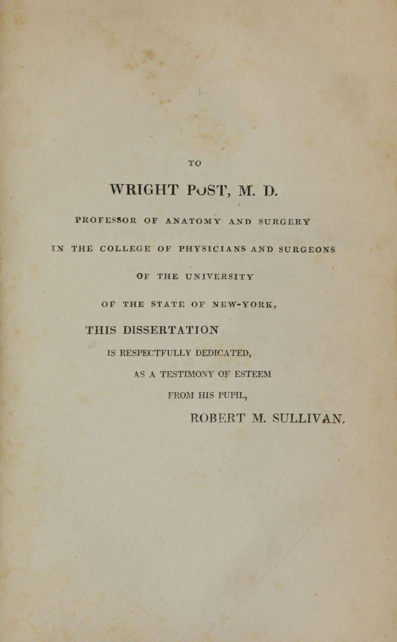 TO WRTGHT PoST, M. D. PROFESSOR OF ANATOMY AND SURGERY IN THE COLLEGE OF PHYSICIANS AND SURGEONS OF THE UNIVERSITY OF THE STATE OF NEW-YORK, THIS DISSERTATION IS RESPECTFULLY DEDICATED, AS A TESTIMONY OF ESTEEM FROM HIS PUPIL,