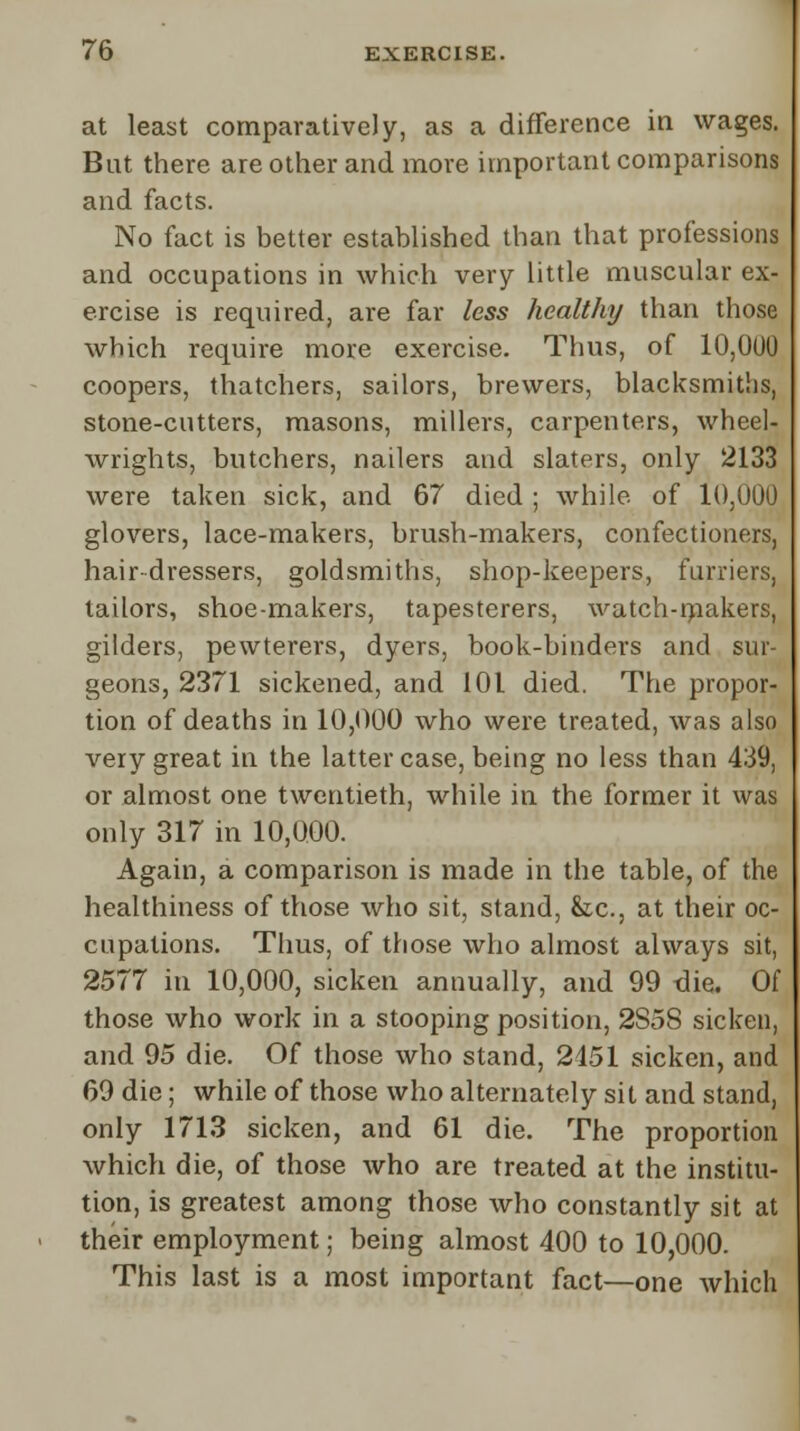 at least comparatively, as a difference in wages. But there are other and more important comparisons and facts. No fact is better established than that professions and occupations in which very little muscular ex- ercise is required, are far less healthy than those which require more exercise. Thus, of 10,000 coopers, thatchers, sailors, brewers, blacksmiths, stone-cutters, masons, millers, carpenters, wheel- wrights, butchers, nailers and slaters, only 2133 were taken sick, and 67 died ; while of 10,000 glovers, lace-makers, brush-makers, confectioners, hair-dressers, goldsmiths, shop-keepers, furriers, tailors, shoe-makers, tapesterers, watch-makers. gilders, pewterers, dyers, book-binders and sur- geons, 2371 sickened, and 101 died. The propor- tion of deaths in 10,000 who were treated, was also very great in the latter case, being no less than 439, or almost one twentieth, while in the former it was only 317 in 10,000. Again, a comparison is made in the table, of the healthiness of those who sit, stand, &c5 at their oc- cupations. Thus, of those who almost always sit, 2577 in 10,000, sicken annually, and 99 die. Of those who work in a stooping position, 2S58 sicken, and 95 die. Of those who stand, 2451 sicken, and 69 die; while of those who alternately sit and stand, only 1713 sicken, and 61 die. The proportion which die, of those who are treated at the institu- tion, is greatest among those who constantly sit at their employment; being almost 400 to 10,000. This last is a most important fact—one which