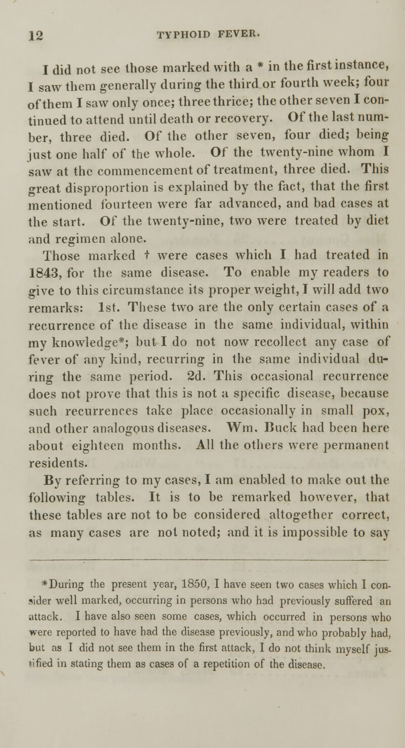 I did not see those marked with a * in the first instance, I saw them generally during the third or fourth week; four of them I saw only once; three thrice; the other seven I con- tinued to attend until death or recovery. Of the last num- ber, three died. Of the other seven, four died; being just one half of the whole. Of the twenty-nine whom I saw at the commencement of treatment, three died. This great disproportion is explained by the fact, that the first mentioned fourteen were far advanced, and bad cases at the start. Of the twenty-nine, two were treated by diet and regimen alone. Those marked t were cases which I had treated in 1843, for the same disease. To enable my readers to give to this circumstance its proper weight, I will add two remarks: 1st. These two are the only certain cases of a recurrence of the disease in the same individual, within my knowledge*; but I do not now recollect any case of fever of any kind, recurring in the same individual du- ring the same period. 2d. This occasional recurrence does not prove that this is not a specific disease, because such recurrences take place occasionally in small pox, and other analogous diseases. Win, Buck had been here about eighteen months. All the others were permanent residents. By referring to my cases, I am enabled to make out the following tables. It is to be remarked however, that these tables are not to be considered altogether correct, as many cases are not noted; and it is impossible to say *During the present year, 1850, I have seen two cases which I con- sider well marked, occurring in persons who had previously suffered an attack. I have also seen some cases, which occurred in persons who were reported to have had the disease previously, and who probably had, but as I did not see them in the first attack, I do not think myself jus- tified in stating them as cases of a repetition of the disease.