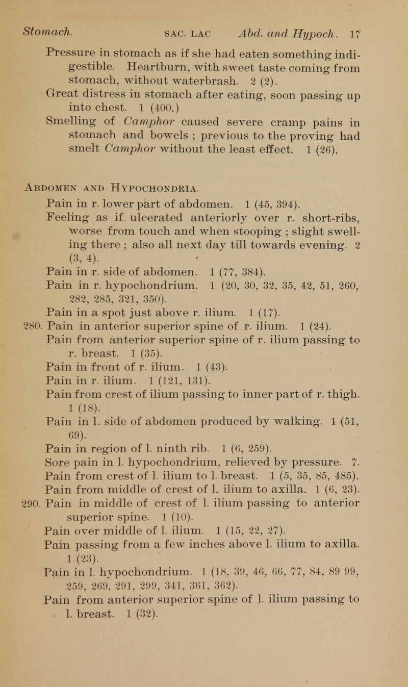 Pressure in stomach as if she had eaten something indi- gestible. Heartburn, with sweet taste coming from stomach, without waterbrash. 2 (2). Great distress in stomach after eating, soon passing up into chest. 1 (400.) Smelling of Camphor caused severe cramp pains in stomach and bowels ; previous to the proving had smelt Camphor without the least effect. 1 (26), Abdomen and Hypochondria. Pain in r. lower part of abdomen. 1 (45, 394). Feeling as if ulcerated anteriorly over r. short-ribs, Worse from touch and when stooping ; slight swell- ing there ; also all next day till towards evening. 2 (3, 4). Pain in r. side of abdomen. 1 (77, 384). Pain in r. hypochondrium. 1 (20, 30, 32, 35, 42, 51, 260, 282, 285, 321, 350). Pain in a spot just above r. ilium. 1 (17). 280. Pain in anterior superior spine of r. ilium. 1 (24). Pain from anterior superior spine of r. ilium passing to r. breast. 1 (35). Pain in front of r. ilium. 1 (43). Pain in r. ilium. 1 (121, 131). Pain from crest of ilium passing to inner part of r. thigh. 1 (18). Pain in 1. side of abdomen produced by walking. 1 (51, 69). Pain in region of 1. ninth rib. 1 (6, 259). Sore pain in 1. hypochondrium, relieved by pressure. 7. Pain from crest of 1. ilium to 1. breast. 1 (5, 35, 85, 485). Pain from middle of crest of 1. ilium to axilla. 1 (6, 23). 290. Pain in middle of crest of 1. ilium passing to anterior superior spine. 1 (10). Pain over middle of 1. ilium. 1 (15, 22, 27). Pain passing from a few inches above 1. ilium to axilla. 1 (23). Pain in 1. hypochondrium. 1 (18, 39, 46, 66, 77, 84, 89 99, 259, 269*^ 291, 299, 341, 361, 362). Pain from anterior superior spine of 1. ilium passing to . 1. breast. 1 (32).