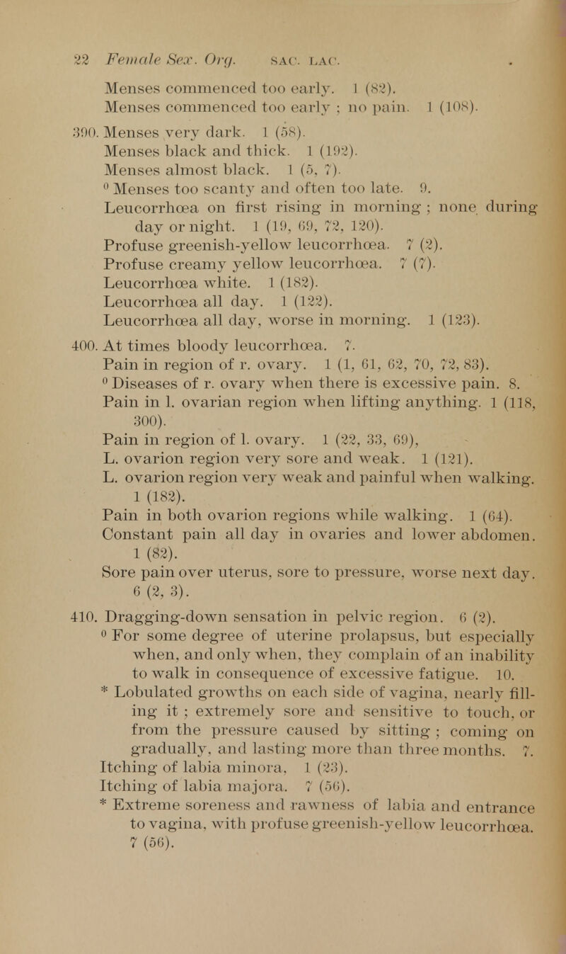 Menses commenced too early. I (82). Menses commenced too early : no pain. 1 (lOS). 390. Menses very dark. 1 (5S). Menses black and thick. 1 (102). Menses almost black. 1 (5, 7). ° Menses too scant}^ and often too late. 9. Leucorrhoea on first rising in morning ; none dnring day or night. 1 (19, 09, 72, 120). Profuse greenish-yellow leucorrhoea. 7 (2). Profuse creamy yellow leucorrhoea. 7 (7). Leucorrhoea white. 1 (182). Leucorrhoea all day. 1 (122). Leucorrhoea all day, worse in morning. 1 (123). 400. At times bloody leucorrhoea. 7. Pain in region of r. ovary. 1 (1, 61, 62, 70, 72, 83).  Diseases of r. ovary when there is excessive pain. 8. Pain in 1. ovarian region when lifting anything. 1 (118, 300). Pain in region of 1. ovary. 1 (22, 33, 69), L. ovarion region very sore and weak. 1 (121). L, ovarion region very weak and painful when walking. 1 (182). Pain in both ovarion regions while walking. 1 (64). Constant pain all day in ovaries and lower abdomen. 1 (82). Sore pain over uterus, sore to pressure, worse next day. 6 (2, 3). 410, Dragging-down sensation in pelvic region. 6 (2), 0 For some degree of uterine prolapsus, but especially when, and only when, they complain of an inability to walk in consequence of excessive fatigue. 10. * Lobulated growths on each side of vagina, nearly fill- ing it ; extremely sore and sensitive to touch, or from the pressure caused by sitting ; coming on gradually, and lasting more than three months. 7. Itching of labia minora. 1 (23). Itching of labia ma jora, 7 (56). * Extreme soreness and rawness of labia and entrance to vagina, with profuse greenish-j^ellow leucorrhoea. 7 (56).