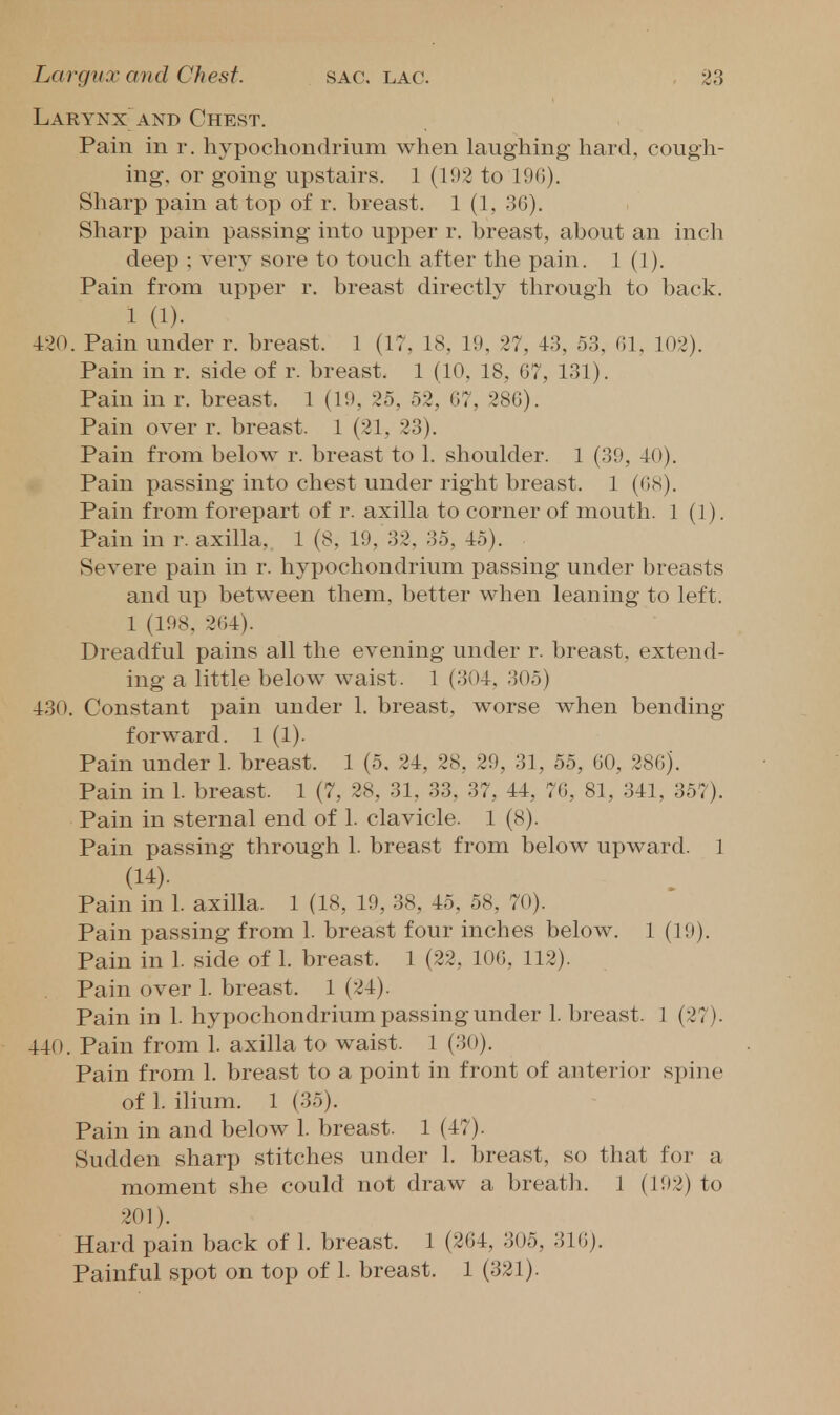 Larynx AND Chest. Pain in r. hypochondrium when laughing hard, cough- ing, or going upstairs. 1 (102 to 190). Sharp pain at top of r. breast. 1 (1, 36). Sharp pain passing into upper r. breast, about an inch deep ; very sore to touch after the pain. 1 (1). Pain from upper r. breast directly through to back. 1 (1). 420. Pain under r. breast. 1 (17, 18, 19, 27, 43, 53, 01, 102). Pain in r. side of r. breast. 1 (10. 18, G7, 131). Pain in r. breast. 1 (19, 25, 52, 07, 280). Pain over r. breast. 1 (21, 23). Pain from below r. breast to 1. shoulder. 1 (39, 40). Pain passing into chest under right breast. 1 (08). Pain from forepart of r. axilla to corner of mouth. 1 (1). Pain in r. axilla, 1 (8, 19, 32, 35, 45). Severe pain in r. hypochondrium passing under breasts and up between them, better when leaning to left. 1 (198, 2()4). Dreadful pains all the evening under r. breast, extend- ing a little below waist. 1 (304, 305) 430. Constant pain under 1. breast, worse when bending forward. 1 (1)- Pain under 1. breast. 1 (5. 24, 28, 29, 31, 55, 00, 286). Pain in 1. breast. 1 (7, 28, 31, 33, 37, 44, 76, 81, 341, 357). Pain in sternal end of 1. clavicle. 1 (8). Pain passing through 1. breast from below upward. 1 (14). Pain in 1. axilla. 1 (18, 19, 38, 45, 58, 70). Pain passing from 1. breast four inches below. 1 (19). Pain in 1. side of 1. breast. 1 (22, 100, 112). Pain over 1. breast. 1 (24). Pain in 1. hypochondrium passing under 1. breast. 1 (27). 440. Pain from 1. axilla to waist. 1 (30). Pain from 1. breast to a point in front of anterior spine of 1. ilium. 1 (35). Pain in and below 1. breast. 1 (47). Sudden sharp stitches under 1. breast, so that for a moment she could not draw a breath. 1 (192) to 201). Hard pain back of 1. breast. 1 (204, 305, 310). Painful spot on top of 1. breast. 1 (321).