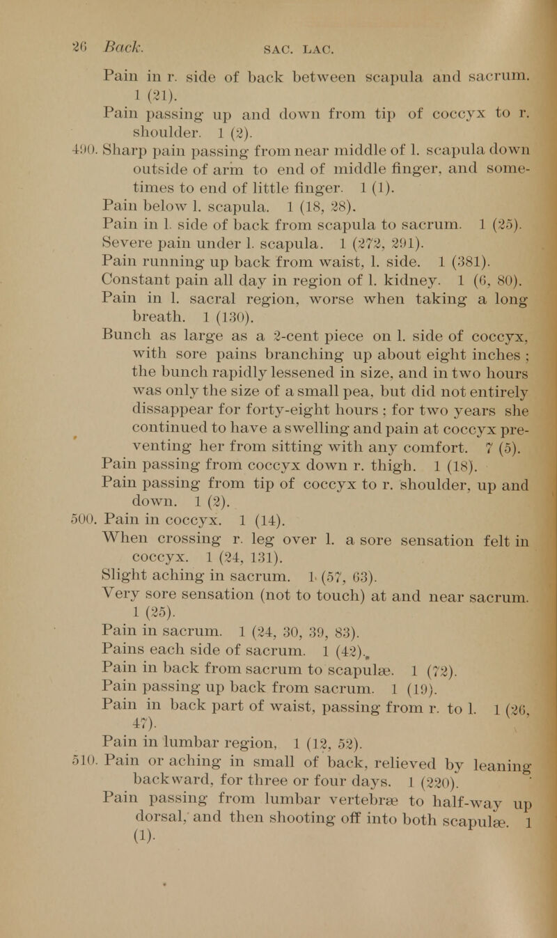 20 Back. Pain in r. side of back between scapula and sacrum. Pain passing up and down from tip of coccyx to r. shoulder. 1 (2). 4!)(). Sharp pain passing from near middle of 1. scapula down outside of arin to end of middle finger, and some- times to end of little finger. 1(1). Pain below 1. scapula. 1 (18, 28). Pain in 1. side of back from scapula to sacrum. 1 (25). Severe pain under 1. scapula. 1 (272, 291). Pain running up back from waist, 1. side. 1 (381). Constant pain all day in region of 1. kidney. 1 (6, 80). Pain in 1. sacral region, worse when taking a long breath. 1 (1,30). Bunch as large as a 2-cent piece on 1. side of coccyx, with sore pains branching up about eight inches ; the bunch rapidly lessened in size, and in two hours was only the size of a small pea, but did not entirely dissappear for forty-eight hours : for two years she continued to have a swelling and pain at coccyx pre- venting her from sitting with any comfort. 7 (5). Pain passing from coccyx down r. thigh. 1 (18). Pain passing from tip of coccyx to r. shoulder, up and down. 1 (2). 500. Pain in coccyx. 1 (14). When crossing r. leg over 1. a sore sensation felt in coccyx. 1 (24, 131). Slight aching in sacrum. L (57, G3). Very sore sensation (not to touch) at and near sacrum. 1 (25). Pain in sacrum. 1 (24, 30, 39, 83). Pains each side of sacrum. 1 (42).. Pain in back from sacrum to scapulae. 1 (72). Pain passing up back from sacrum. 1 (19). Pain in back part of waist, passing from r. to 1 1 (2G 47). Pain in lumbar region, 1 (12, 52). 510. Pain or aching in small of back, relieved by leaning backward, for three or four days. 1 (220). Pain passing from lumbar vertebra? to half-way up dorsal, and then shooting off into both scapulae 1 (!)•