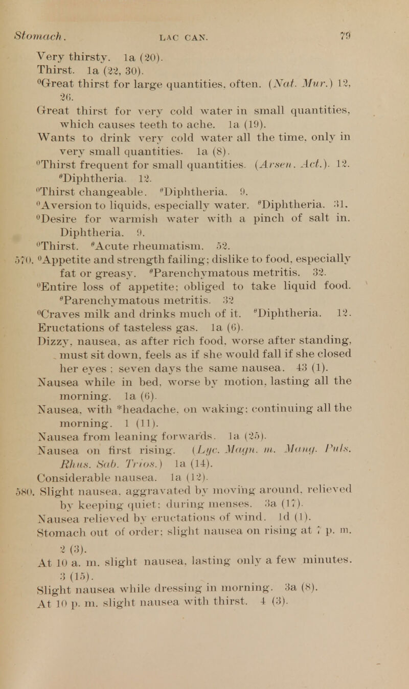 Very thirsty, la (20). Thirst, la {U, 30). oGreat thirst for large quantities, often. {Nat. Mvr.) 12, 20. Great thirst for very cold water in small quantities. which causes teeth to ache, la (19). Wants to drink very cold water all the time, only in very small quantities, la (8). Thirst frequent for small quantities. {Arseii. Act.). 12. Diphtheria. 12. Thirst changeable. **Diphtheria. 0. Aversion to liquids, especially water. Diphtheria. .U. •^Desire for warmish water with a pinch of salt in. Diphtheria. D. Thirst. Acute rheumatism. 52. Appetite and strength failing: dislike to food, especially fat or greasy. Parenchymatous metritis. 32. Entire loss of appetite: obliged to take liquid food. Parenchymatous metritis. 32 ^Craves milk and drinks much of it. Diphtheria. 12. Eructations of tasteless gas. la (0). Dizzy, nausea, as after rich food, worse after standing, must sit down, feels as if she would fall if she closed her eyes ; seven days the same nausea. 43 (1). Nausea while in bed, worse by motion, lasting all the morning, la ((3). Nausea, with *headache. on waking: continuing all the morning. 1 (11). Nausea from leaning forwaids. la (25). Nausea on first rising. {Ltjc. M<i</n. in. MaiKj. Puis. Ehius. Sob. 7V/O.V.) la (14). Considerable nausea, la (12). 58(1. Slight nausea, aggravated by moving around, relieved by keeping quiet: during menses. :ia (K). Nausea relieved by eructations of wind, id (1). Stomach out of order: slight nausea on rising at ; p. m. 2 (3). At 10 a. m. slight nausea, lasting only a tew mmutes. 3 (15). Slight nausea while dressing in morning. 3a (S). At 10 p. m. slight nausea with thirst. 4 (3).