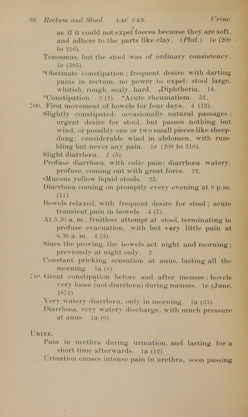 as if it could not expel foeces because they are soft, and adhere to the parts like clay. (Flat.) le to -iUi). Tenesmus, hut the stool was of ordinary consistency, le ^Obstinate constipation : frequent desire with darting- pains in rectum, no power to expel: stool large. Avhitish, rough, scaly, hard. flDiphtheria. 14. *Constipation. 2 (-i). Acute rheumatism, o'i. 7(Hi. First movement of bowels for four days. 4 (12). Slightly constipated: occasionally natural passages : urgent desire for stool, but passes nothing but wind, or possibly one or two small pieces like sheep- dung: considerable wind in abdomen, with rum- bling but never any pain. Ic ('f »!> to •il*!). Slight diarrhoea. (o). Profu»e diarrhoea, with colic pain: diarrhoea watery, profuse, coming out with great force. Vl. Mucous yellow liquid stools. 25. Diarrhoea coming on promptly everv evening at !t p.m. (11). Bowels relaxed, with frequent desire for stool ; acute transient pain in bowels. 4 (7). At o.:}() a. m.. fruitless attempt at stool, terminating in profuse evacuation, with but very little pain at (i.oO a. ni. 4 (;)). Since the proving, the bowels act night and morning ; previously at night only. 2. Constant pricking sensation at anus, lasting all the morning, la ((i). ; 10. (Treat constipation before and after menses : bowels very loose (not (liarrh(pa) during jnenses. le (June, is:2). Vi>r\ watery diarrluea. only in morning. Im (:}:}). Diarrluea. very watery dischai-ge, with much pressure at anus, la (<i). Urine. Pain in uretiira during urination. a,nd lasting for a short time afterwards, la ( i2). Urination causes intense pain in urethra, soon passing