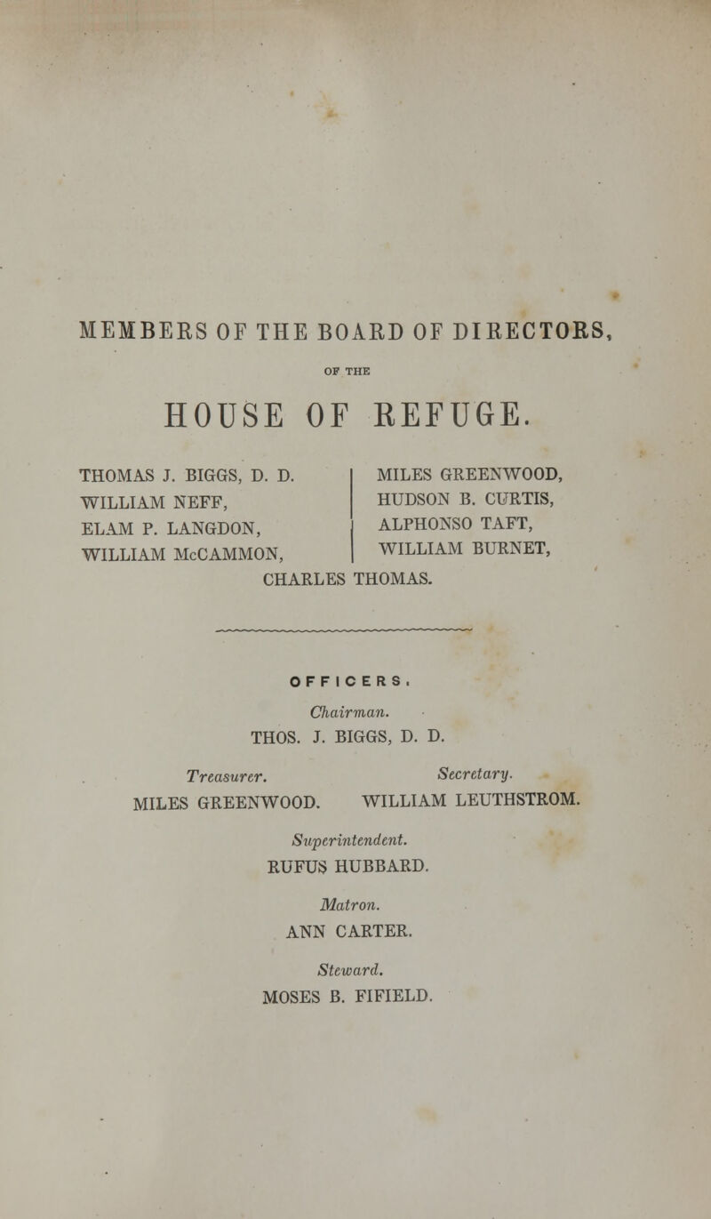 MEMBERS OF THE BOARD OF DIRECTORS, HOUSE OF REFUGE. THOMAS J. BIGGS, D. D. WILLIAM NEFF, ELAM P. LANGDON, WILLIAM McCAMMON, CHARLES THOMAS. MILES GREENWOOD, HUDSON B. CURTIS, ALPHONSO TAFT, WILLIAM BURNET, OFFICERS, Chairman. THOS. J. BIGGS, D. D. Treasurer. Secretary. MILES GREENWOOD. WILLIAM LEUTHSTROM. Superintendent. RUFUS HUBBARD. Matron. ANN CARTER. Steward. MOSES B. FIFIELD.