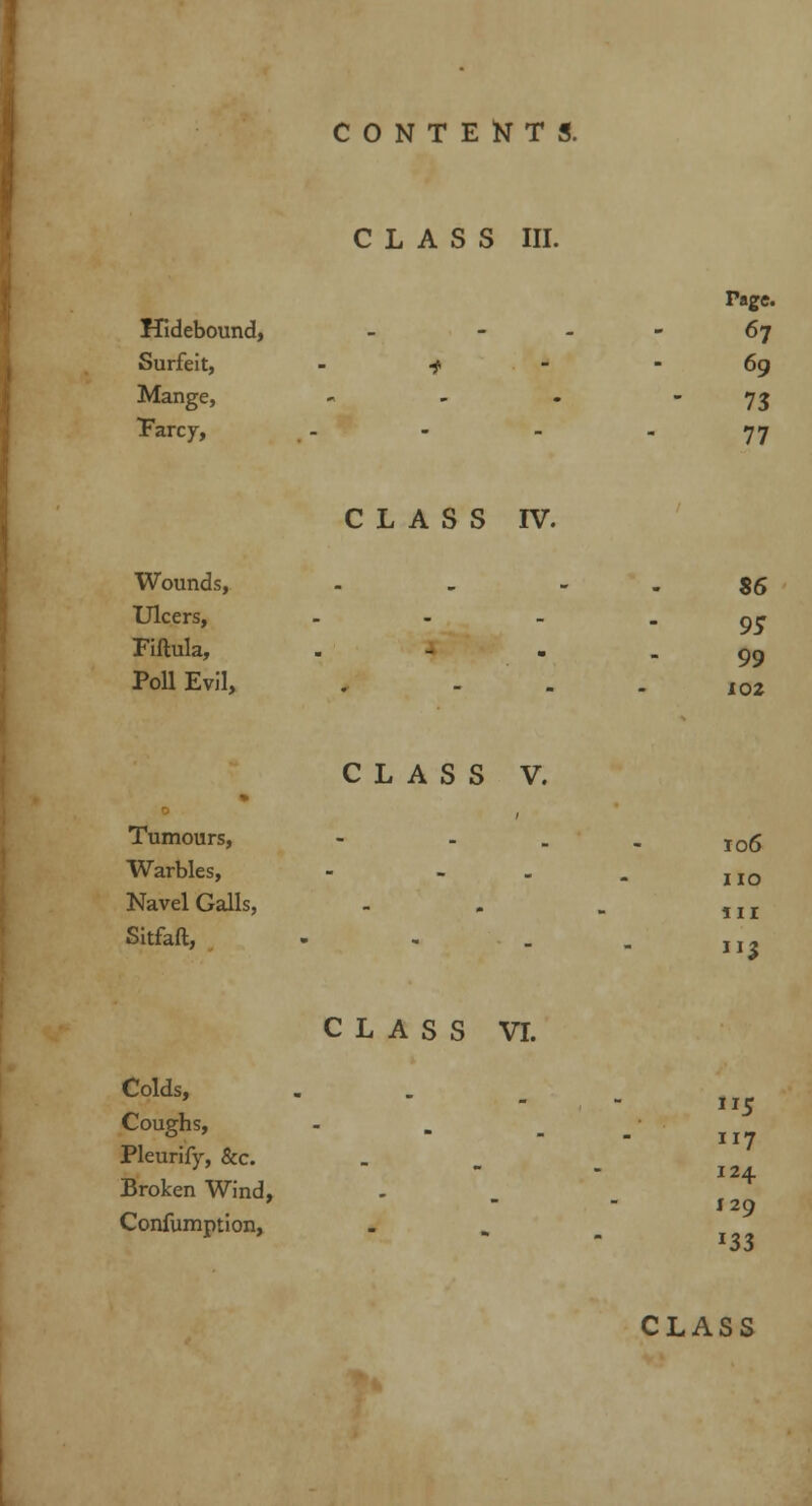 CLASS III. Page. Hidebound, - - - - 67 Surfeit, - ^ 69 Mange, - 73 Farcy, - - - 77 CLASS IV. Wounds, - - 85 Ulcers, - - - nr Fiftula, . - . - 99 Poll Evil, . - . . 102 CLASS V. Tumours, - . . . I0g Warbles, - - - . IIO Navel Galls, Sitfaft, - Colds, Coughs, Pleurify, &c. Broken Wind, Confumption, CLASS VI. in IJ5 117 124 129 J33