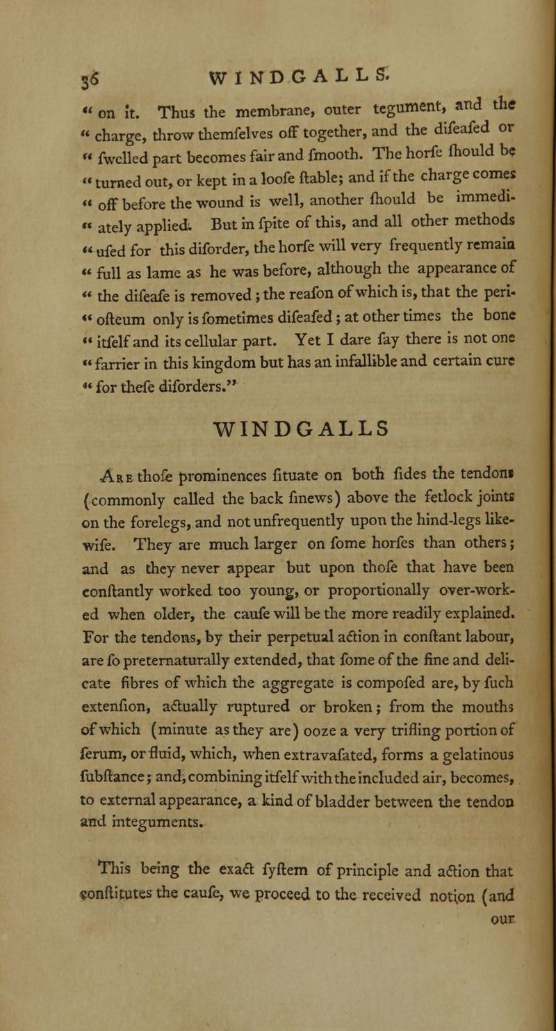 « on it. Thus the membrane, outer tegument, and the « charge, throw themfelves off together, and the difeafed or « fwelled part becomes fair and fmooth. The horfe fhould be «turned out, or kept in a loofe ftable; and if the charge comes « off before the wound is well, another fhould be immedi- « ately applied. But in fpite of this, and all other methods ufed for this diforder, the horfe will very frequently remain « full as lame as he was before, although the appearance of the difeafe is removed; the reafon of which is, that the peri- ofteum only is fometimes difeafed; at other times the bone itfelf and its cellular part. Yet I dare fay there is not one farrier in this kingdom but has an infallible and certain cure ** for thefe diforders. WINDGALLS AREthofe prominences fituate on both fides the tendoni (commonly called the back fmews) above the fetlock joints on the forelegs, and not unfrequently upon the hind-legs like- wife. They are much larger on fome horfes than others; and as they never appear but upon thofe that have been conftantly worked too young, or proportionally over-work- ed when older, the caufe will be the more readily explained. For the tendons, by their perpetual action in conftant labour, are fo preternaturally extended, that fome of the fine and deli- cate fibres of which the aggregate is compofed are, by fuch extenfion, actually ruptured or broken; from the mouths of which (minute as they are) ooze a very trifling portion of ferum, or fluid, which, when extravafated, forms a gelatinous fubftance; and, combining itfelf with the included air, becomes, to external appearance, a kind of bladder between the tendon and integuments. This being the exact fyftem of principle and action that sonftitutes the caufe, we proceed to the received notion (and our