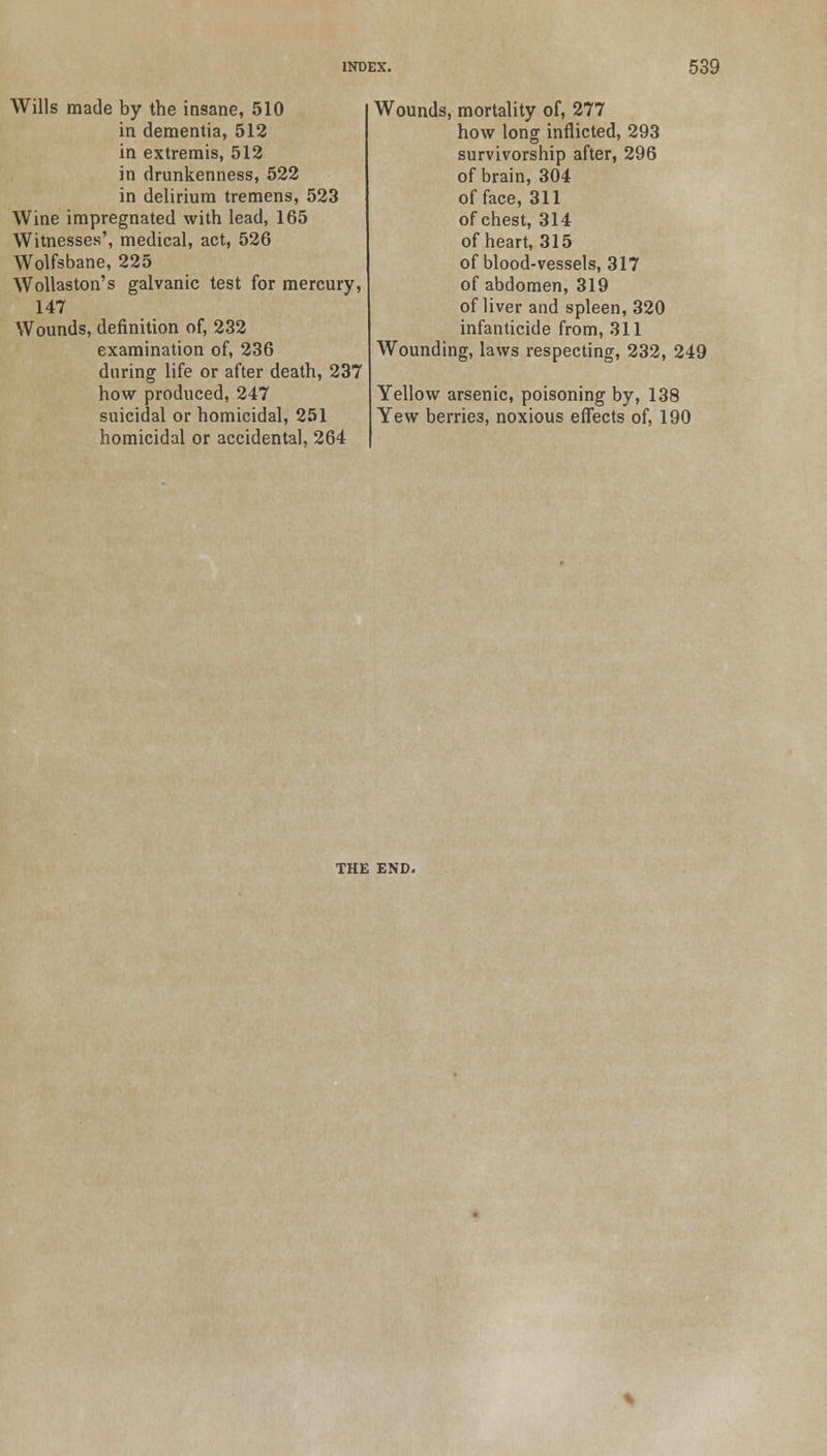 Wills made by the insane, 510 in dementia, 512 in extremis, 512 in drunkenness, 522 in delirium tremens, 523 Wine impregnated with lead, 165 Witnesses', medical, act, 526 Wolfsbane, 225 Wollaston's galvanic test for mercury, 147 Wounds, definition of, 232 examination of, 236 during life or after death, 237 how produced, 247 suicidal or homicidal, 251 homicidal or accidental, 264 Wounds, mortality of, 277 how long inflicted, 293 survivorship after, 296 of brain, 304 of face, 311 of chest, 314 of heart, 315 of blood-vessels, 317 of abdomen, 319 of liver and spleen, 320 infanticide from, 311 Wounding, laws respecting, 232, 249 Yellow arsenic, poisoning by, 138 Yew berries, noxious effects of, 190 THE END.