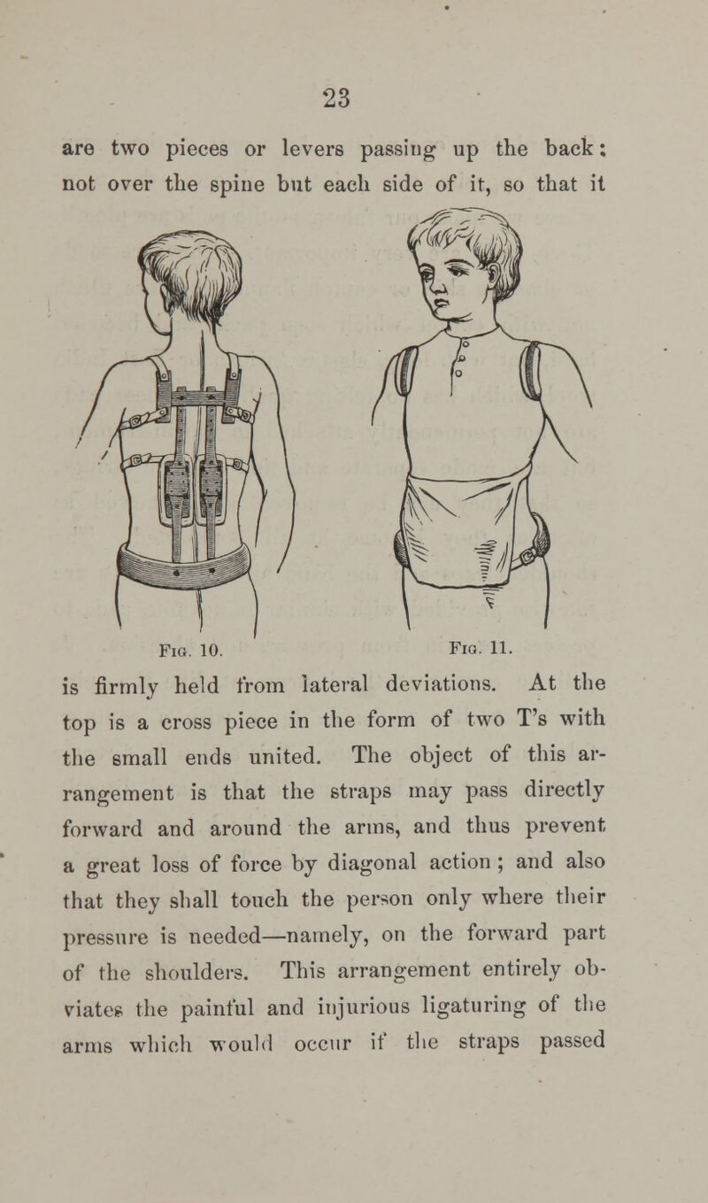 are two pieces or levers passing up the back: not over the spine but each side of it, so that it Fig. 10. Fig. 11. is firmly held from lateral deviations. At the top is a cross piece in the form of two T's with the small ends united. The object of this ar- rangement is that the straps may pass directly forward and around the arms, and thus prevent a great loss of force by diagonal action ; and also that they shall touch the person only where their pressure is needed—namely, on the forward part of the shoulders. This arrangement entirely ob- viates the painful and injurious ligaturing of the arms which would occur if the straps passed