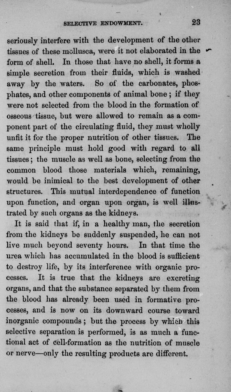 seriously interfere with the development of the other tissues of these mollusca, were it not elaborated in the form of shell. In those that have no shell, it forms a simple secretion from their fluids, which is washed away by the waters. So of the carbonates, phos- phates, and other components of animal bone ; if they were not selected from the blood in the formation of osseous tissue, but were allowed to remain as a com- ponent part of the circulating fluid, they must wholly unfit it for the proper nutrition of other tissues. The same principle must hold good with regard to all tissues; the muscle as well as bone, selecting from the common blood those materials which, remaining, would be inimical to the best development of other structures. This mutual interdependence of function upon function, and organ upon organ, is well illus- trated by such organs as the kidneys. It is said that if, in a healthy man, the secretion from the kidneys be suddenly suspended, he can not live much beyond seventy hours. In that time the urea which has accumulated in the blood is sufficient to destroy life, by its interference with organic pro- cesses. It is true that the kidneys are excreting organs, and that the substance separated by them from the blood has already been used in formative pro- cesses, and is now on its downward course toward inorganic compounds ; but the process by which this selective separation is performed, is as much a func- tional act of cell-formation as the nutrition of muscle or nerve—only the resulting products are different.