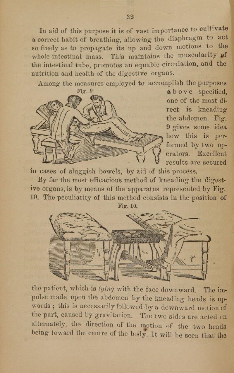 In aid of this purpose it is of vast importance to cultivate a correct habit of breathing, allowing the diaphragm to act so freely as to propagate its up and down motions to the whole intestinal mass. This maintains the muscularity yf the intestinal tube, promotes an equable circulation, and the nutrition and health of the digestive organs. Among the measures employed to accomplish the purposes above specified, one of the most di- rect is kneading the abdomen. Fig. 9 gives some idea how this is per- formed by two op- erators. Excellent results arc secured in cases of sluggish bowels, by aid of this process. By far the most efficacious method of kneading the digest- ive organs, is by means of the apparatus represented by Fig. 10. The peculiarity of this method consists in the position of Fig. 10. the patient, which is lying with the face downward. The im- pulse made upon the abdomen by the kneading heads is up- wards ; this is necessarily followed by a downward motion of the part, caused by gravitation. The two sides are acted un alternately, the direction of the motion of the two heads being toward the centre of the body. It will be seen that the