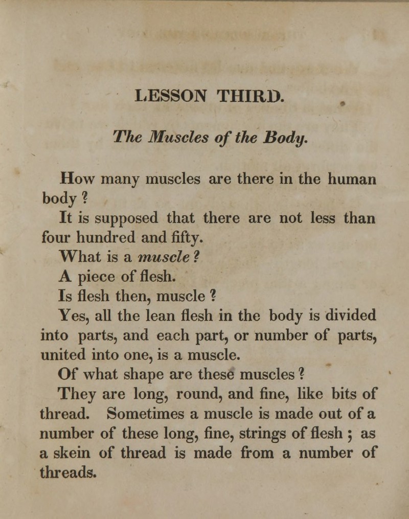 LESSON THIRD. The Muscles of the Body. How many muscles are there in the human body? It is supposed that there are not less than four hundred and fifty. What is a muscle ? A piece of flesh. Is flesh then, muscle ? Yes, all the lean flesh in the body is divided into parts, and each part, or number of parts, united into one, is a muscle. Of what shape are these muscles ? They are long, round, and fine, like bits of thread. Sometimes a muscle is made out of a number of these long, fine, strings of flesh 5 as a skein of thread is made from a number of threads.