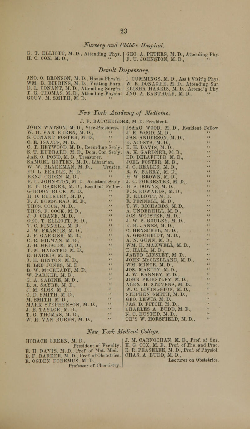 Nursery and Child's Hospital. Q. T. ELLIOTT, M. D., Attending Phya. I GEO. A. PETERS, M. D., Attending Phy. H. C. COX, M. D.,  I F. U. JOHNSTON, M. D., Demilt Dispensary. JNO. 0. BRONSON, M. D., House Phys'n. I. CUMMINGS, M. D., Ass't Visit'g Phys. WM. B. BIBBINS, M. D., Visiting Phys. AV. R. DONAGHE, M. D., Attending Sur. D. L. CONANT, M. D., Attending Surg'n. i ELISHA HARRIS, M. D., Attend'g Phy. T. G. THOMAS, M.D., Attending Phys'n. JNO. A. BARTHOLF, M.D., GOUV. M. SMITH, M. D., New York Academy of Medicine. J. F. BATCHELDER, M. D. President. JOHN WATSON, M. D., Vice-President. W. H. VAN BUREN, M. D., S. CONANT FOSTER, M. D.,  C. E. ISAACS, M.D., C. T. HEYWOOD, M. D., Recording Sec'y. S. T. HUBBARD, M. D., Dom. Cor. Sec'y. J AS. 0. POND, M. D., Treasurer. SAMUEL ROTTEN. M. D., Librarian. W. W. BLAKEMAN, M. D., Trustee. ED. L. BEADLE, M. D., BENJ. OGDEN, M. D., F. U. JOHNSTON, M. D., Assistant Sec'y. B. F. BARKER, M. D., Resident Fellow. GURDON BUCK, M. D., H. D. BULKLEY, M. D., F. J. BUMSTEAD, M. D., THOS. COCK, M. D., THOS. F. COCK, M. D., J. J. CRANE, M. D.,  GEO. T. ELLIOTT, M.D., T. C. FINNELL, M. D., J. W. FRANCIS, M. D., J. P. GARRISH, M. D., C. R. GILMAN, M.D., J. H. GRISCOM, M, D., T. M. HALSTED, M. D., E. HARRIS, M. D., J. H. HINTON, M. D., E. LEE JONES, M. D. B. W. McCREADY, M.D., W. PARKER, M.D., G. A. SABINE, M.D., L. A. SAYRE. M.D., J. M. SIMS, M. D.,  C. D. SMITH, M.D., M. SMITH, M.D., MARK STEPHENSON, M.D., J. E. TAYLOR, M.D., T. G. THOMAS, M. D., W. H. VAN BUREN, M. D., ISAAC WOOD, M. D., Resident Fellow. J. R. WOOD, M. D., JAS. ANDERSON, M. D., E. ACOSTA, M. D., E. H. DAVIS, M.D., A. K. GARDNER, M.D., ED. DELAFIELD, M. D., JOEL FOSTER, M. D., J. C. BEALES, M. D., R. W. BARRY, M. D., H. W. BROWN. M.D., J. C. FORRESTER, M. D., H. S. DOWNS, M. D., F. S. EDWARDS, M. D., F. ELLIOTT, M.D., R. PENNELL, M. D., T. W. RICHARDS, M.D., A. UNDERHILL, M. D., JOS. WOOSTER, M. D., J. AV. S. GOULEY, M. D., E. H. JANES, M.D., C. HENSCHEL, M. D., A. GESCHEIDT, M. D., A. N. GUNN, M. D., WM. H. MAXWELL, M. D., E. HALL, M. D., J A RED LINSLEY, M. D., JOHN McClelland, M.D., WM. MINOR, M. D., JOS. MARTIN, M.D., J. W. RANNEY, M.D., JOHN PRIESTLEY, M.D., ALEX. H. STEVENS, M. D., W. C. LIVINGSTON, M.D., STEPHEN SMITH, M. D., GEO. LEWIS, M. D., JAS. D. FITCH, M. D., CHARLES A. BUDD, M. D., N. C. HUSTED, M.D., TH'S AV. HORSFIELD, M. D., New York Medical College. HORACE GREEN, M. D., President of Faculty. E. H. DAA'IS, M. D., Prof, of Mat. Med. B. F. BARKER, M. D., Prof, of Obstetrics. R. OGDEN DOREMUS, M. D., Professor of Chemistry. J. M. CARNOCHAN, M. D., Prof, of Sur. H. G. COX, M. D., Prof, of The. and Prac. E. R. PEASELEE, M. D., Prof, of Physiol. CHAS. A. BUDD, M.D., Lecturer on Obstetrics.