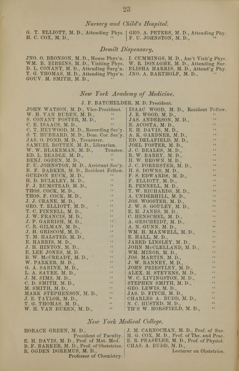 Nursery and Child's Hospital. G. T. ELLIOTT, M. D., Attending H. C. COX, M. D., Phys. GEO. A. PETERS, M. D., Attending Phv. F. U. JOHNSTON, M.D., Demilt Dispensary. JNO. 0. BRONSON, M. D., House Phys'n. I. CUMMINGS, M. D., Ass't Visit'g Phys. WM. B. BIBBINS, M. D., Visiting Phys. W. R. DONAGHE, M. D., Attending Sur. D. L. CONANT, M. D., Attending Surg'n. ELISHA HARRIS, M. D., Attend'g Phy. T. G. THOMAS, M.D., Attending Phys'n. JNO. A. BARTHOLF, M. D., GOUV. M. SMITH, M.D., New York Academy of Medicine. J. F. BATCHELDER. M. D. President. JOHN WATSON, M. D., Vice-President. W. H. VAN BUREN, M. D., S. CONANT FOSTER, M. D., C. E. ISAACS, M.D., C. T. HEYWOOD, M. D., Recording Sec'y. S. T. HUBBARD, M. D., Doin. Cor. Secy. J AS. 0. POND, M. D., Treasurer. SAMUEL ROTTEN. M. D., Librarian. W. W. BLAKEMAN, M. D., Trustee. ED. L. BEADLE, M. D., BENJ. OGDEN, M. D., F. U. JOHNSTON, M. D., Assistant Sec'y. B. F. BARKER, M. D., Resident Fellow. GURDON BUCK, M. D., H. D. BULKLEY, M. D., F. J. BUMSTEAD, M. D., THOS. COCK, M. D., THOS. F. COCK, M. D., J. J. CRANE, M. D., GEO. T. ELLIOTT, M.D., T. C. FINNELL, M.D., J. W. FRANCIS, M.D., J. P. GARBISH, M. D., C. R. GILMAN, M.D., J. H. GRISCOM, M, D., T. M. HALSTED, M. D., E. HARRIS, M. D., J. H. HINTON, M. D., E. LEE JONES, M. D. B. W. McCREADY, M. D., W. PARKER, M. D., G. A. SABINE, M.D., L. A. SAYRE. M. D., J. M. SIMS, M. D., C. D. SMITH, M.D., M. SMITH, M.D., MARK STEPHENSON, M. D., J. E. TAYLOR, M.D., T. G. THOMAS, M. D., W. H. VAN BUREN, M. D., ISAAC WOOD, M. D., Resident Fel J. R. WOOD, M. D., JAS. ANDERSON, M. D., E. ACOSTA, M. D., E. H. DAVIS, M. D., A. K. GARDNER, M.D., ED. DELAFIELD, M. D., JOEL FOSTER, M. D., J. C. BEALES. M. D., R. W. BARRY, M. D., H. W. BROWN. M. D., J. C. FORRESTER, M. D., H. S. DOWNS, M. D.. F. S. EDWARDS, M. D., F. ELLIOTT, M.D., R. PENNELL, M. D., T. W. RICHARDS, M. D., A. UNDERHILL, M. D., JOS. WOOSTER, M. D., J. W. S. GOULEY, M. D., E. II. JANES, M.D., C. HENSCHEL, M. D., A. GESCHEIDT, M. D., A. N. GUNN. M. D., WM. H. MAXWELL, M. D., E. HALL, M. D., jared linsley, m. d., john McClelland, m.d., wm. minor, m. d., jos. martin, m.d., j. w. ranney, m.d., john priestley, m.d., alex. h. stevens, m. d., w. c livingston, m.d., stephen smith, m. d., geo. lewis, m. d., jas. d. fitch, m. d., charles a. budd, m. d., n. c. husted, m.d., th's w. horsfield, m. d., Neio York Medical College. HORACE GREEN, M. D., President of Faculty. E. H. DAVIS, M. D., Prof, of Mat. Med. B. F. BARKER, M. D., Prof, of Obstetrics. R. OGDEN DOREMUS, M. D., Professor of Chemistry. J. M. CARNOCHAN, M. D., Prof, of Sur. II. G. COX, M. D., Prof, of The. and Prac. E. R. PEASELEE, M. D., Prof, of Physiol. CHAS. A. BUDD, M.D., Lecturer on Obstetrics.