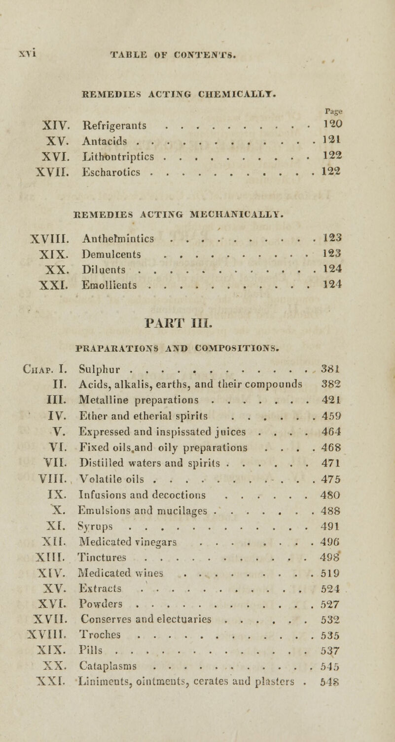 XIV. XV. XVI. XVII. XVIII. XIX. XX. XXI. REMEDIES ACTING CHEMICALLY. Page Refrigerants 120 Antacids 121 Lithontriptics 122 Escharotics 122 REMEDIES ACTING MECHANICALLY. Anthelmintics 123 Demulcents 123 Diluents 124 Emollients 124 PART III. PRAPARATIONS AND COMPOSITIONS. Chap. I. Sulphur 381 II. Acids, alkalis, earths, and their compounds 382 III. Metalline preparations 421 IV. Ether and etherial spirits 459 V. Expressed and inspissated juices .... 464 VI. Fixed oils.and oily preparations .... 468 VII. Distilled waters and spirits 471 VIII. Volatile oils 475 IX. Infusions and decoctions 480 X. Emulsions and mucilages 488 XI. Syrups 491 XII. Medicated vinegars 496 XIII. Tinctures 498 XIV. Medicated wines 519 XV. Extracts 524 XVI. Powders 527 XVII. Conserves and electuaries 532 XVIII. Troches 535 XIX. Pills 537 XX. Cataplasms 5 45 XXI. Liniments, ointments, cerates and plasters . 548