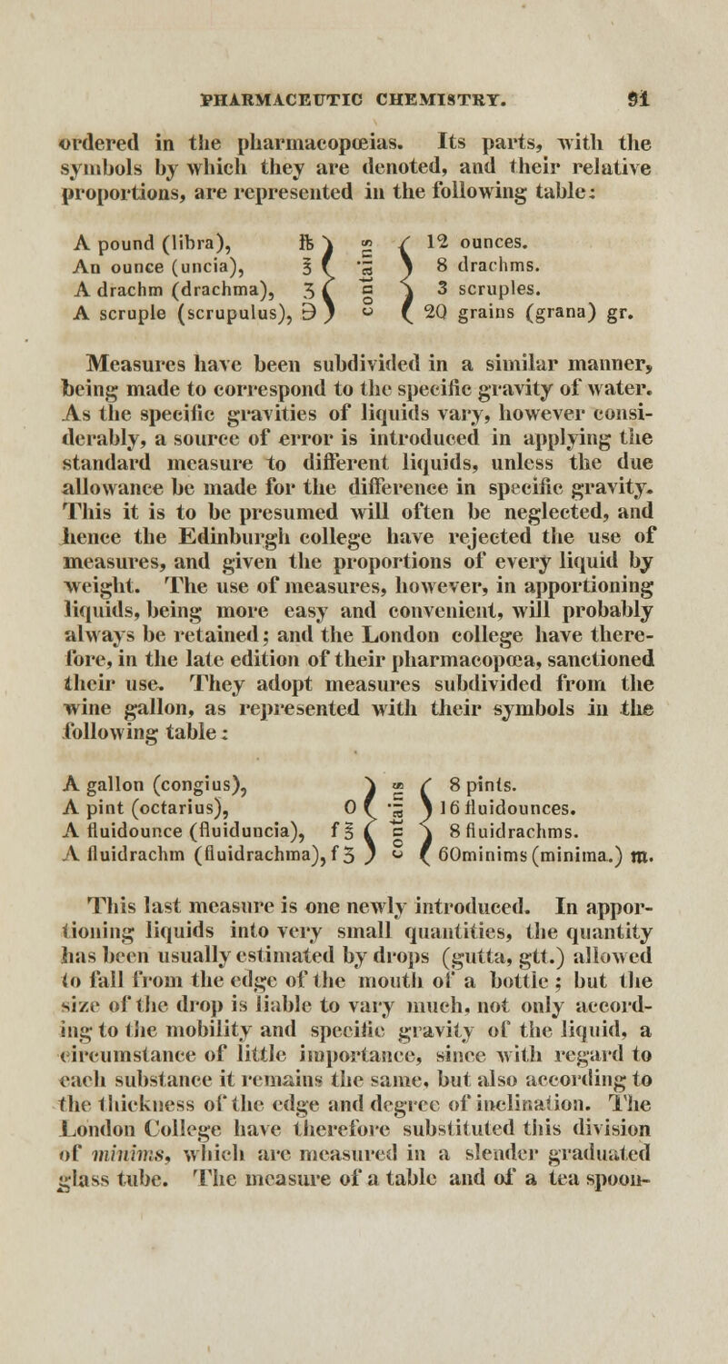 ordered in the pharmacopoeias. Its parts, with the symbols by which they are denoted, and their relative proportions, are represented in the following tahle: A pound (libra), ft ^ g / 1*2 ounces. An ounce (uncia), 3 f 5 j 8 drachms. A drachm (drachma), 5 £ c j 3 scruples. A scruple (scrupulus), By  f 2Q grains (grana) gr. Measures have been subdivided in a similar manner, being made to correspond to the specific gravity of water. As the specific gravities of liquids vary, however consi- derably, a source of error is introduced in applying the standard measure to different liquids, unless the due allowance be made for the difference in specific gravity. This it is to be presumed will often be neglected, and hence the Edinburgh college have rejected the use of measures, and given the proportions of every liquid by weight. The use of measures, however, in apportioning liquids, being more easy and convenient, will probably always be retained; and the London college have there- fore, in the late edition of their pharmacopoea, sanctioned their use. They adopt measures subdivided from the wine gallon, as represented with their symbols in the following table z A gallon (congius), ^ « / 8 pints. A pint (octarius), 0 f 'j y 16iluidounces. A fluidounce (fluiduncia), f§ ^ c \ 8 fiuidrachms. A lluidrachm (fiuidrachma), f 3 ) ° * 60minims (minima.) m. This last measure is one newly introduced. In appor- tioning liquids into very small quantities, the quantity has been usually estimated by drops (gutta, gtt.) allowed to fall from the edge of the mouth of a bottle ; hut the size of the drop is liable to vary much, not only accord- ing to the mobility and specific gravity of the liquid, a circumstance of little importance, since with regard to each substance it remains the same, but also according to the thickness of the edge and degree of inclination. The London College have therefore substituted this division of minims, which arc measured in a slender graduated glass tube. The measure of a table and of a tea spoon-