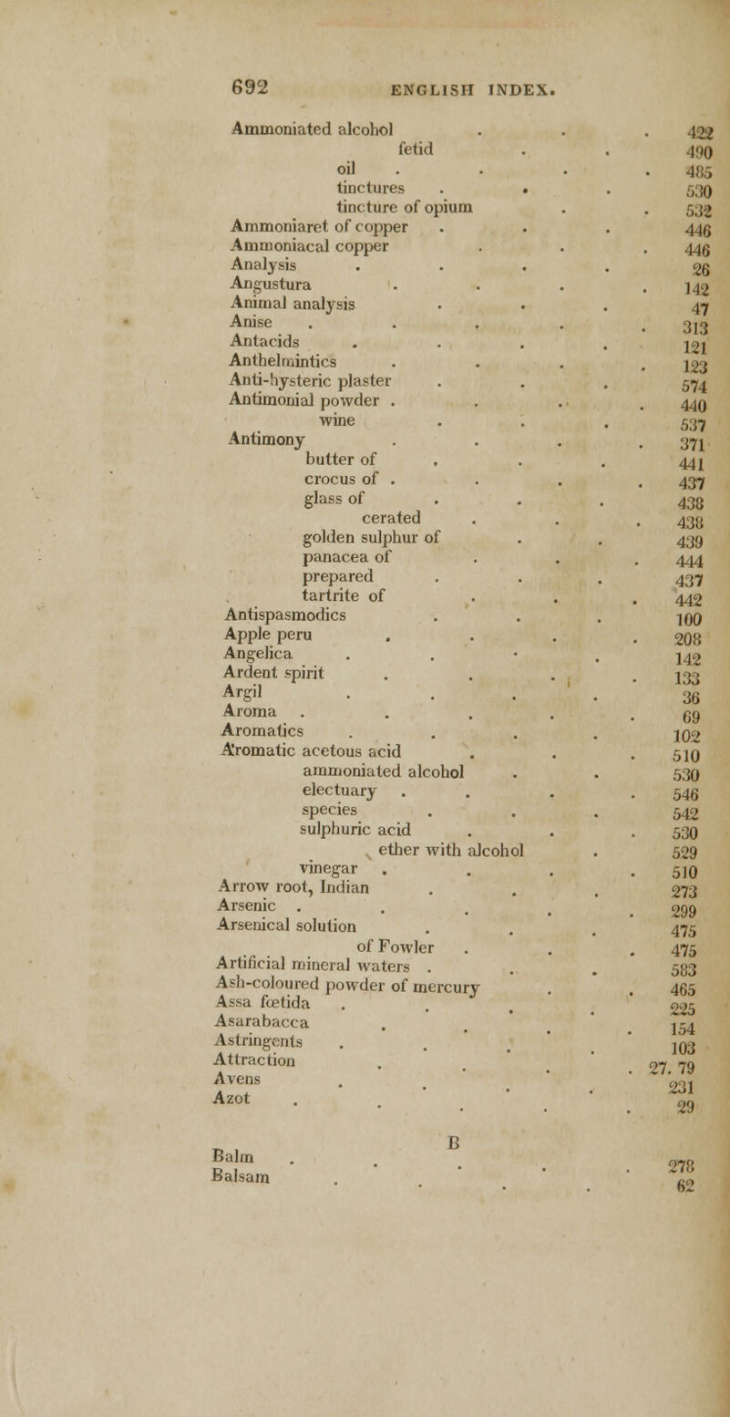 Ammoniated alcohol fetid oil tinctures tincture of opium Ammoniaret of copper Ammoniacal copper Analysis Angustura Animal analysis Anise Antacids Anthelmintics Anti-hysteric plaster Antimonial powder wine Antimony butter of crocus of glass of cerated golden sulphur of panacea of prepared tartrite of Antispasmodics Apple peru Angelica Ardent spirit Argil Aroma Aromatics A'romatic acetous acid ammoniated alcohol electuary species sulphuric acid N ether with alcohol vinegar Arrow root, Indian Arsenic Arsenical solution of Fowler Artificial mineral waters . Ash-coloured powder of mercury Assa fcetida Asarabacca Astringents Attraction Avens Azot Balm Balsam i; 278 62