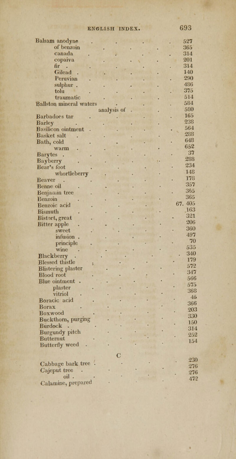 Balsam anodyne of benzoin Canada copaiva fir . Gilead . Peruvian sulphur . tolu traumatic Ballston mineral waters Barbadoes tar Barley Basilicon ointment Basket salt Bath, cold warm Barytes . Bayberry Bear's foot whortleberry Beaver Benne oil Benjamin tree Benzoin Benzoic acid Bismuth Bistirt, great Bitter apple sweet infusion . principle wine Blackberry . Blessed thistle Blistering plaster Blood root Blue ointment . plaster vitriol Boracic acid Borax Boxwood Buckthorn, purging Burdock . Burgundy pitch Butternut Butterfly weed . Cabbage bark tree Cajeput tree oil - Calamine, prepared analys of 527 365 314 201 314 140 290 486 375 514 584 580 165 238 564 288 648 652 37 288 234 148 178 357 365 365 67. 405 163 321 206 360 497 70 535 . 340 179 572 347 566 575 368 45 366 203 330 150 314 252 154 230 276 276 472