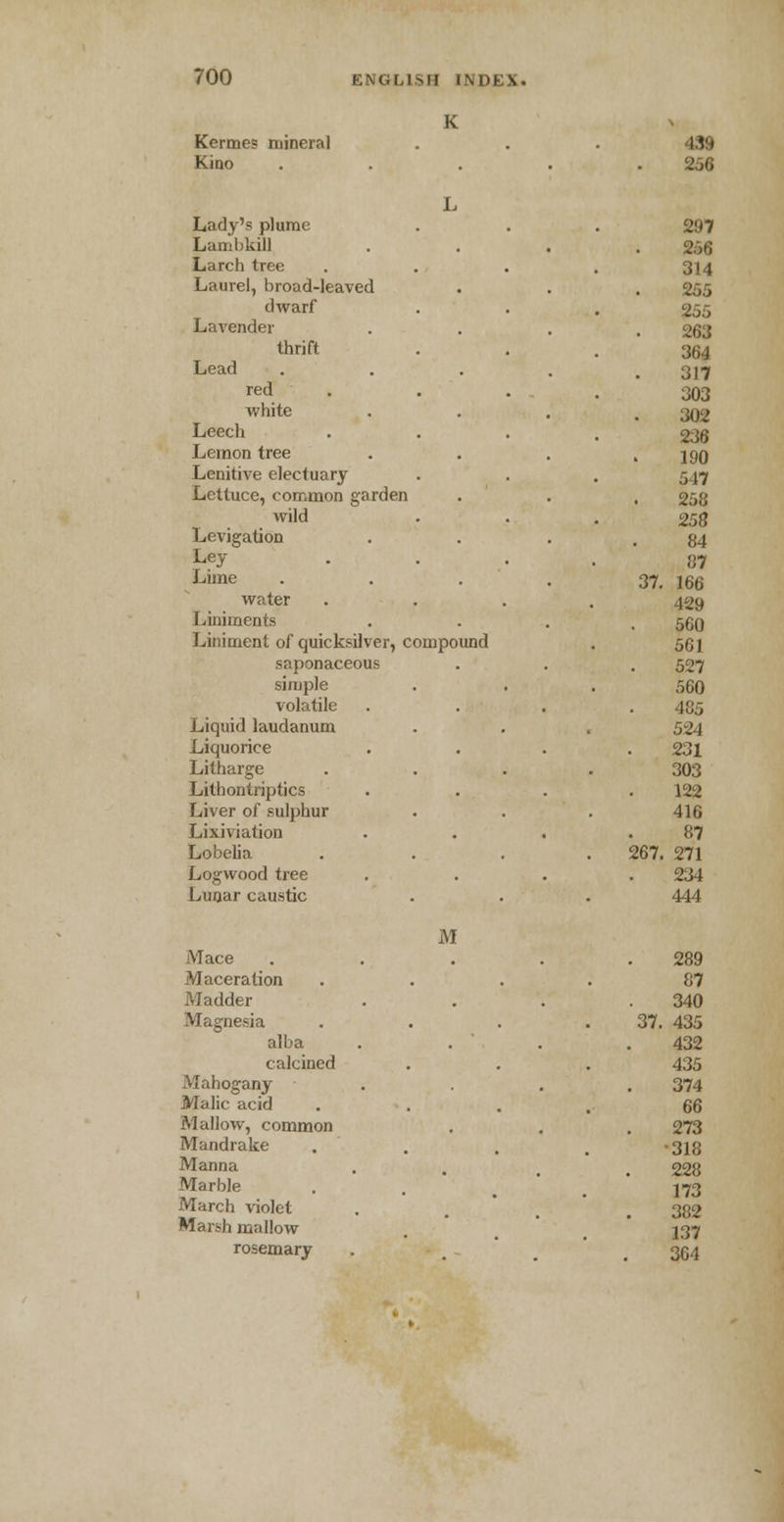 K Kermes mineral 439 Kino .... 256 L Lady's plume 297 Lambkill 256 Larch tree 314 Laurel, broad-leaved 255 dwarf 255 Lavender 263 thrift 364 Lead .... 317 red . 303 white 302 Leech 236 Lemon tree 190 Lenitive electuary 517 Lettuce, common garden 358 wild 25S Levigation 84 Ley 87 Lime .... 37. 166 water 429 Liniments 560 Liniment of quicksilver, compound 561 saponaceous 527 simple 560 volatile 485 Liquid laudanum 524 Liquorice 231 Litharge 303 Lithontriptics 122 Liver of sulphur 416 Lixiviation 87 Lobelia 267. 271 Logwood tree 234 Lunar caustic 444 M Mace .... 289 Maceration 87 Madder 340 Magnesia 37. 435 alba 432 calcined 435 Mahogany . 374 Malic acid 66 Mallow, common 273 Mandrake •318 Manna 228 Marble 173 March violet 382 Marsh mallow 137 rosemary 364